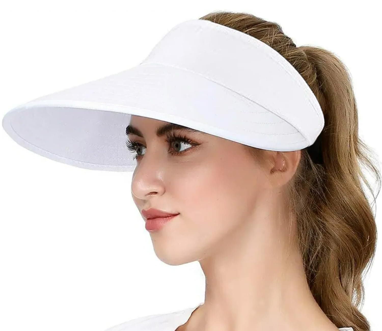 Sun Visor Hats Women Large Brim Summer UV Protection Beach Cap, Wide Brim Golf Beach Cap UPF 50+ Foldable Sunhats (White)