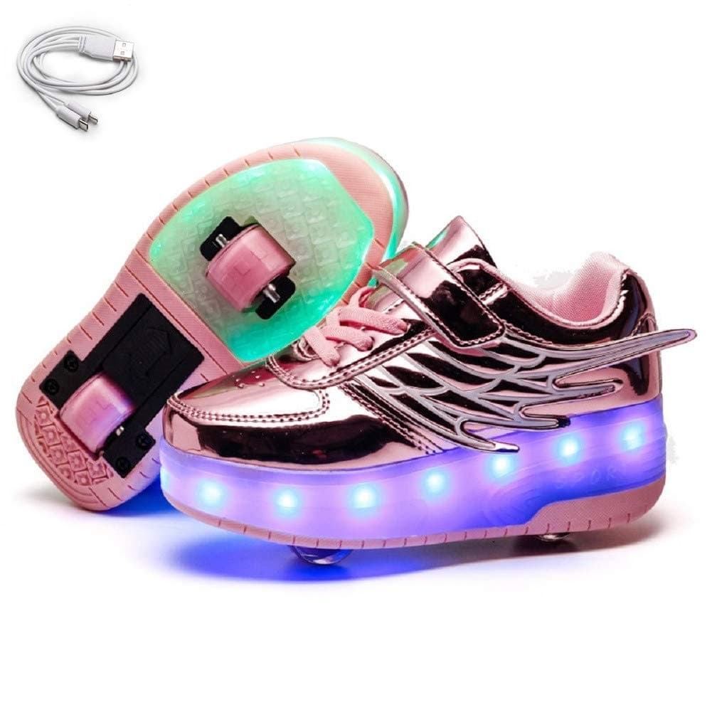 Ehauuo Kids Roller Shoes USB Rechargeable Double Wheel Shoes LED Flashing Retractable Roller Skates Sneakers Shoes for Girls Boys Beginners Gift(1.5 M US Little Kid, B-Pink)