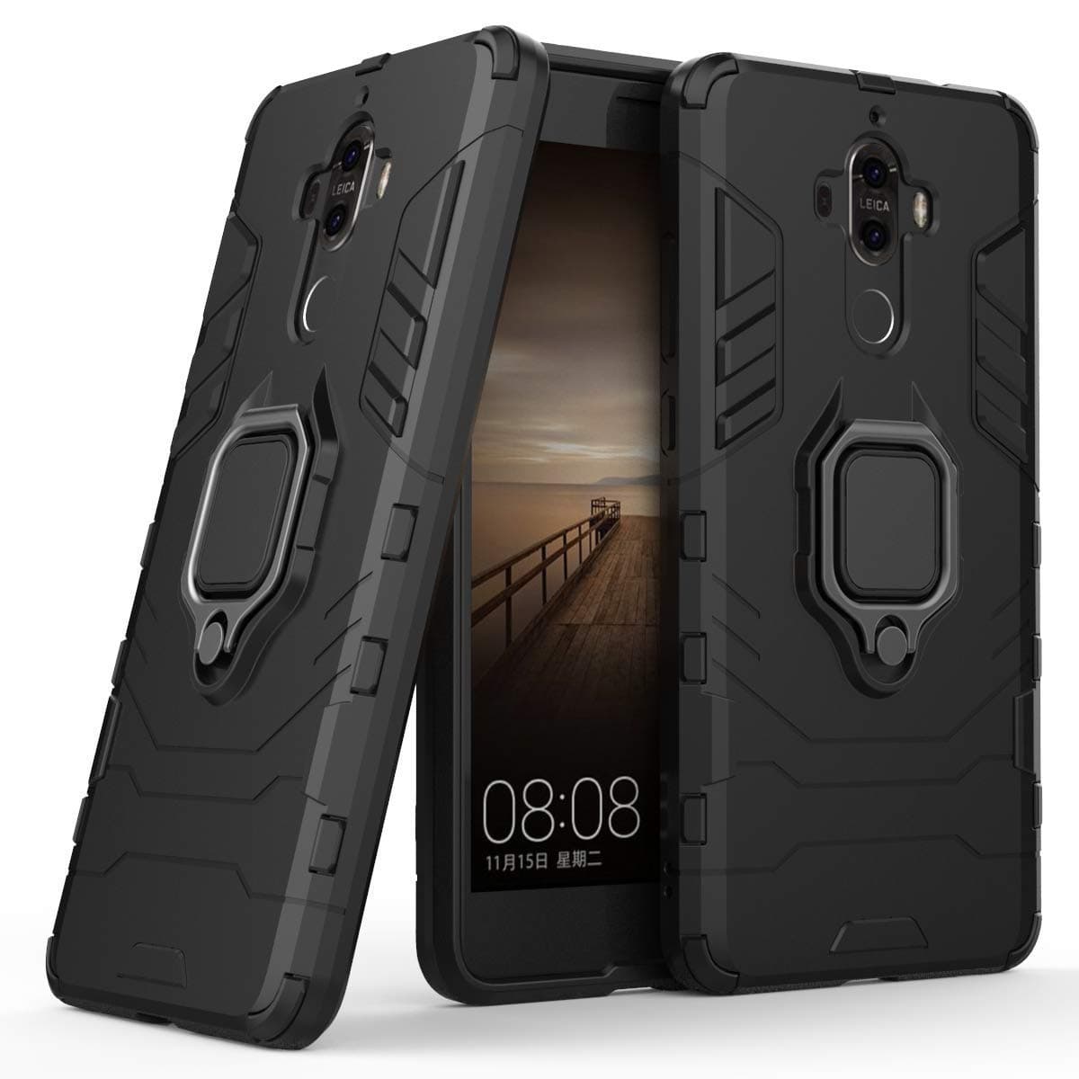 MaiJin Compatible with Huawei Mate 9 Case, Metal Ring Grip Kickstand Bumper (Works with Magnetic Car Mount) Dual Layer Rugged Cover (Black)