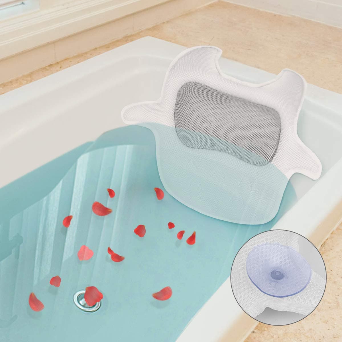 Premium Spa Bath Pillow for Tub, Bathtub Pillow Cushion with Head, Neck, Shoulder and Back Support. Quick Drying 3D Air Mesh Technology, Non-Slip(2019 Wider Design)