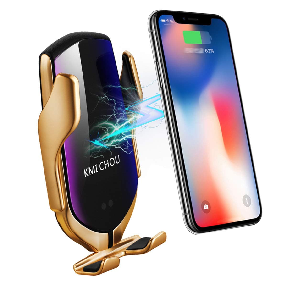 KMI CHOU R2 Wireless Car Charger Mount, Auto-Clamping Air Vent Phone Holder,10W Qi Fast Car Charging, Compatible iPhone 11/11 Pro/11 Pro Max/XS/XS Max/X/8/8+, Samsung Note9/Note10/S9+/S10+（Gold）