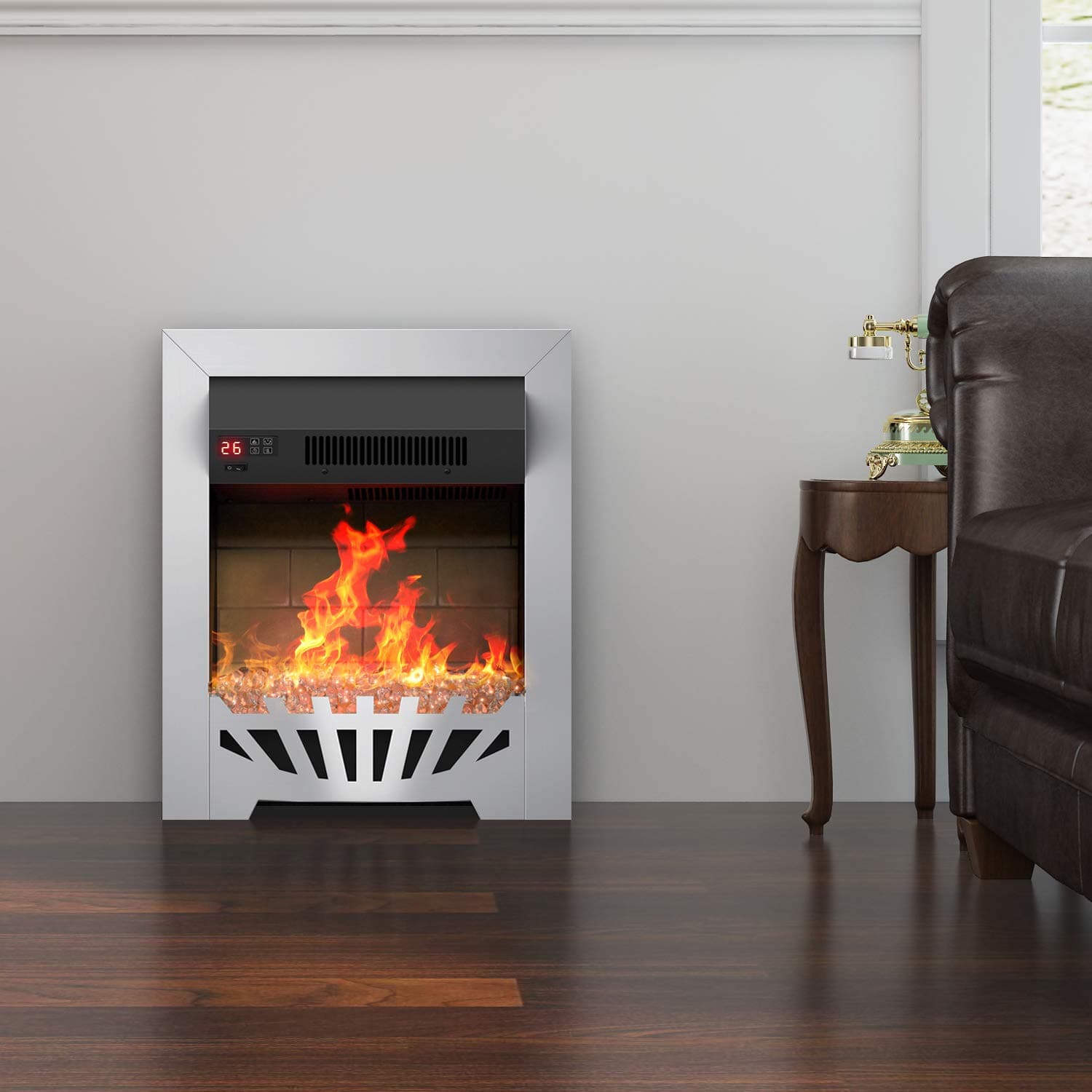 fam famgizmo 1800W Electric Fireplace – 1.8KW Modern Freestanding Electric Fires with Adjustable Thermostat,Timer & Remote Control, Crystal Bed(Crystals Supplied) Glow Effect