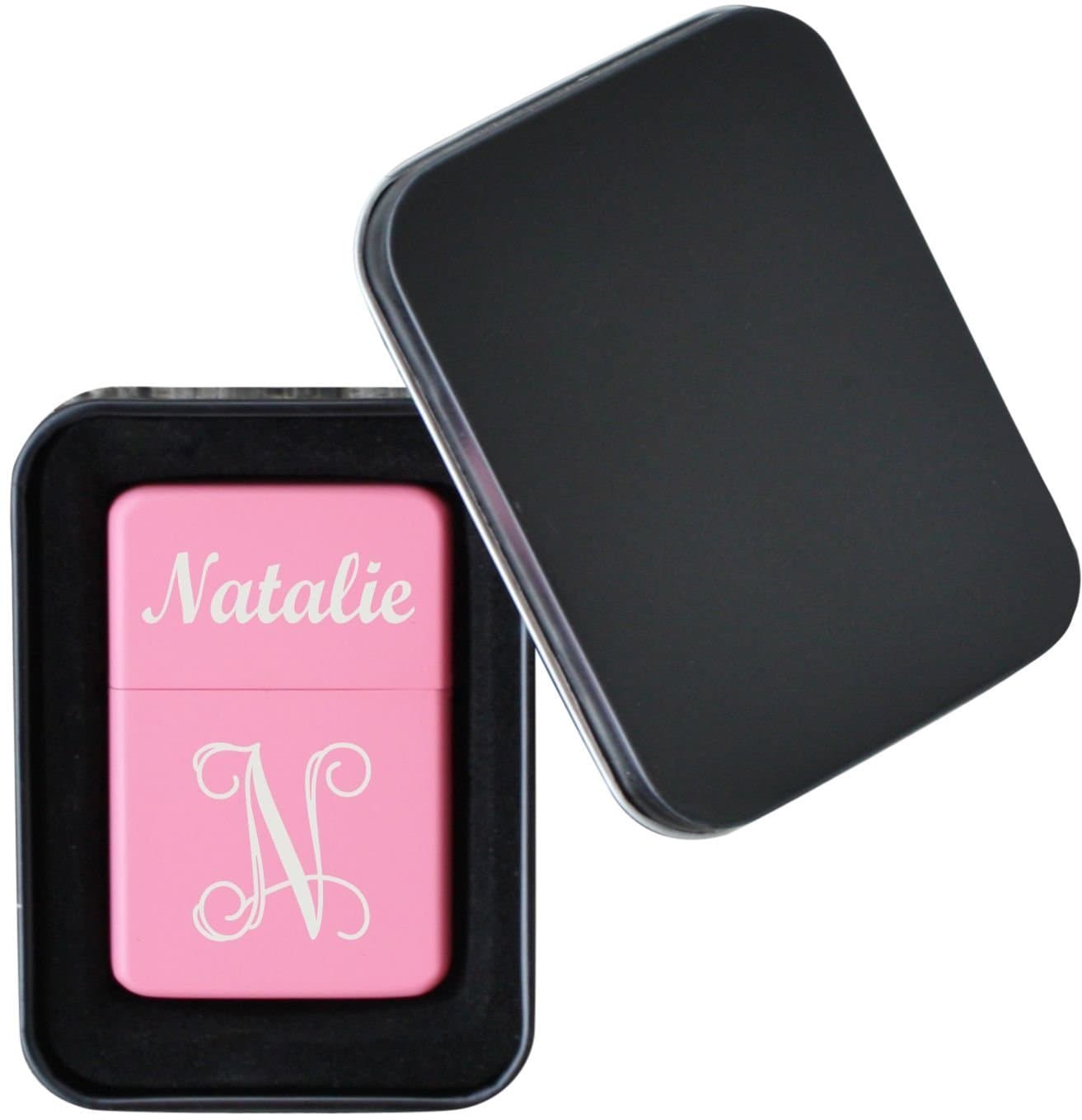 Engraved Initial Flip Top Lighter for Women, Etched Personalized Lighters Pink, Black or Chrome - LL06
