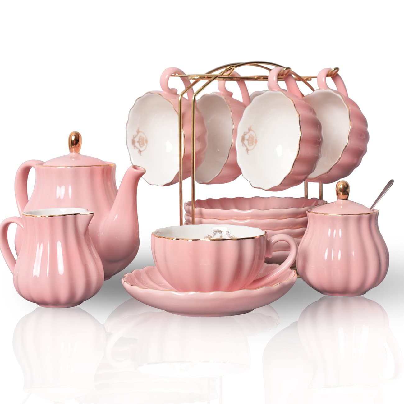 Porcelain Tea Sets British Royal Series, 8 OZ Cups& Saucer Service for 6, with Teapot Sugar Bowl Cream Pitcher Teaspoons and tea strainer for Tea/Coffee, The for Thanksgiving