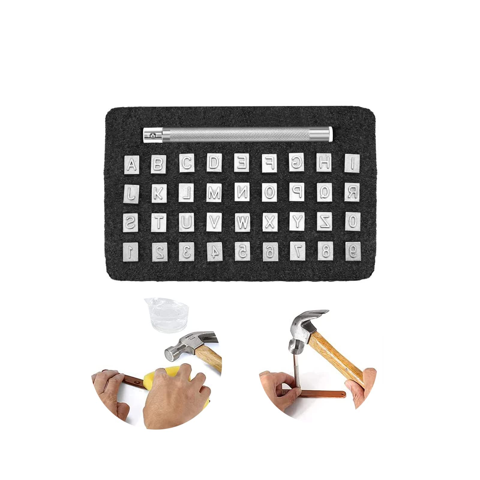 36pcs Leather Embossing Stamp, Letter Alphabet and Number Metal Stamp Punch Kit (6mm) with Stamping Handle for DIY Handmade Art Leather Art Craft (K154-1)