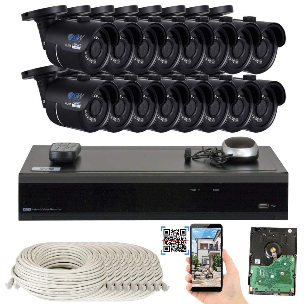 GW 16 Channel H.265 4K NVR 8-Megapixel Security Camera System, 16pcs 8MP PoE 3.6mm Wide Angle Indoor Bullet 4K IP Cameras, 4TB Hard Drive