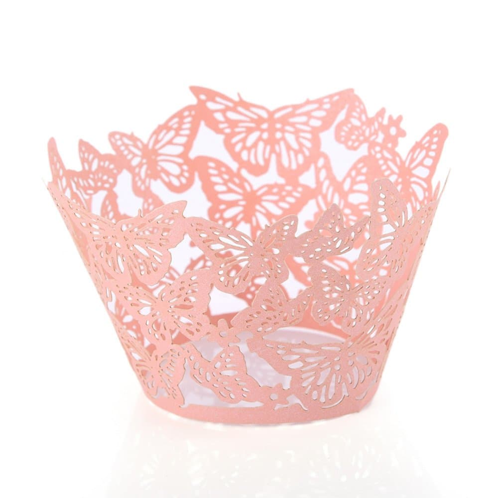 50Pcs/Lot Lovely Butterfly Paper Cups Lace Laser Cut Cupcake Paper Wrappers Wedding Baking Cup Cake Liners Round DIY Baking Fondant Muffin Molds (pink)