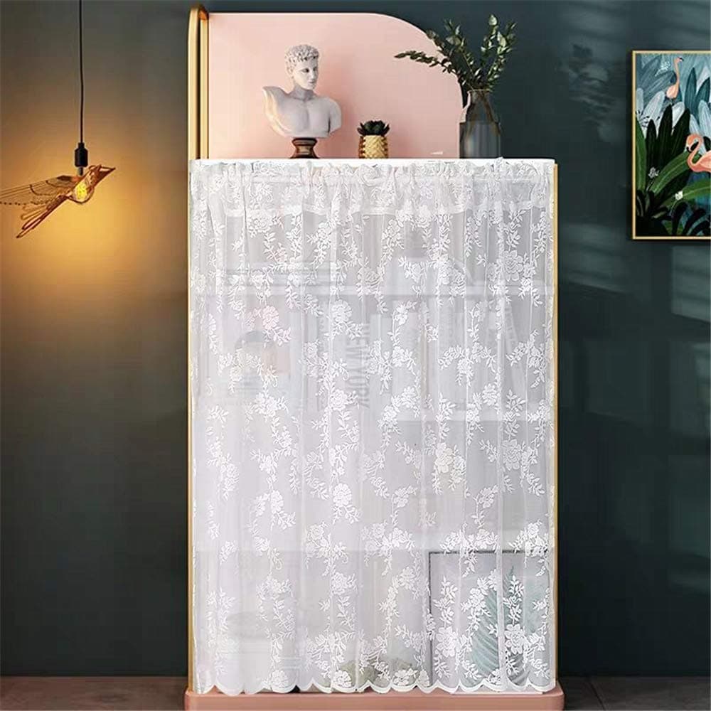 Gxi White Lace Curtain Valance Cabinet Shelf Dust-Proof Embroidery Rod Pocket Sheer Curtain for Kitchen Short Voile Panel for Bay Window, Tulle Cafe Curtain Door Panel, 1 Panel W39 x L47 Inch