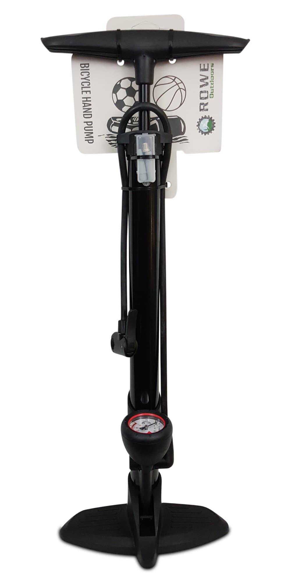 Bike Pump with Gauge and Accessory Storage - High Pressure - Extra Long Hose with Dual Schrader/Presta Head and Ball Needle and Cone Inflatable Attachments