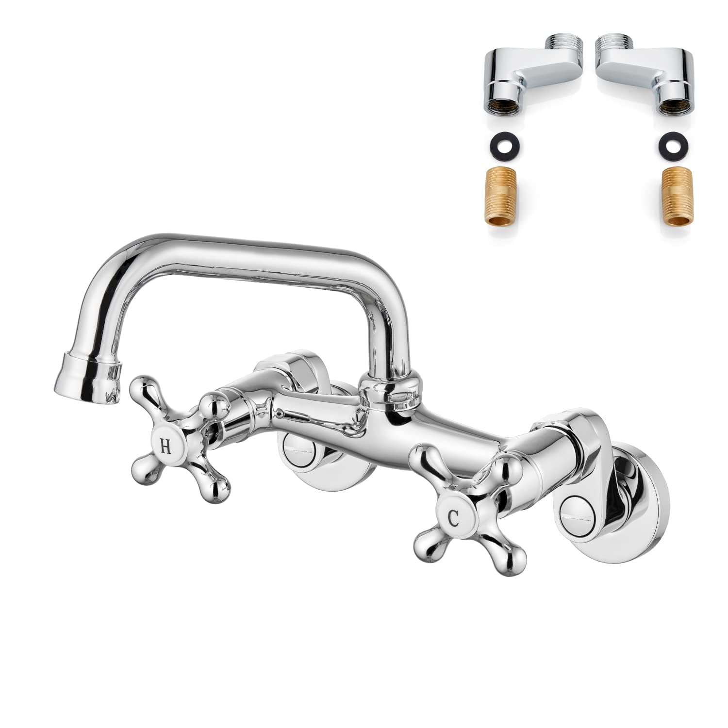 Wall Mounted Kitchen Faucet Chrome Polish 6 Inch(15cm) Spout Reach 6 Inch Center Adjustable Center Double Cross Handles Mixer Tap 360 Rotatable Commercial Utility Laundry Restaurant Faucet