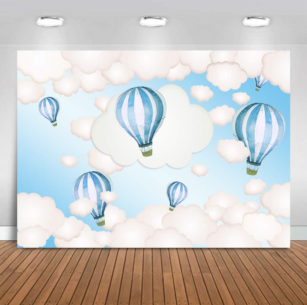 BackdropsOnline Hot Air Balloon Backdrop Blue Sky White Clouds Baby Shower Decorations Travel Adventure Birthday Party Banner Dessert Table Photo Studio Background 7x5ft