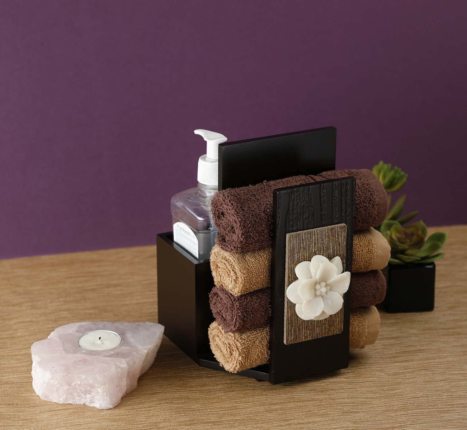COCKTAIL Decorative Hand Towel Stand, Hand Towel Holder for Wash Basin, Towel Stand for Bathroom/Attached Holder, Wooden Towel Stand for Counter Top, Brown-Flower (R-Flower)
