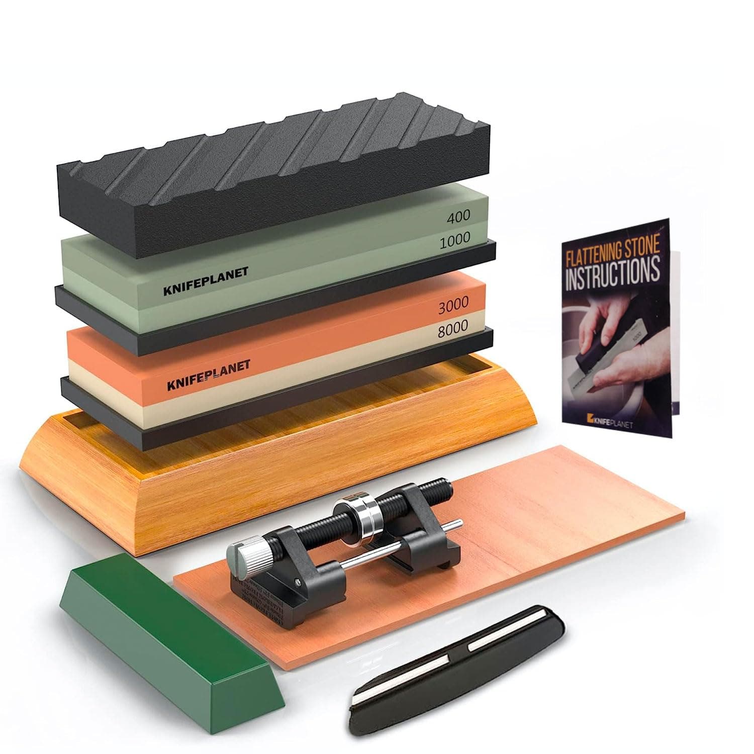 Premium Knife Sharpening Stone Set – 400/1000 and 3000/8000-Grit Professional, Safe Knife Sharpener Set – Whetstone Set Includes Flattening Stone, Bamboo Base, and 2 Nonslip Rubber Bases Tan