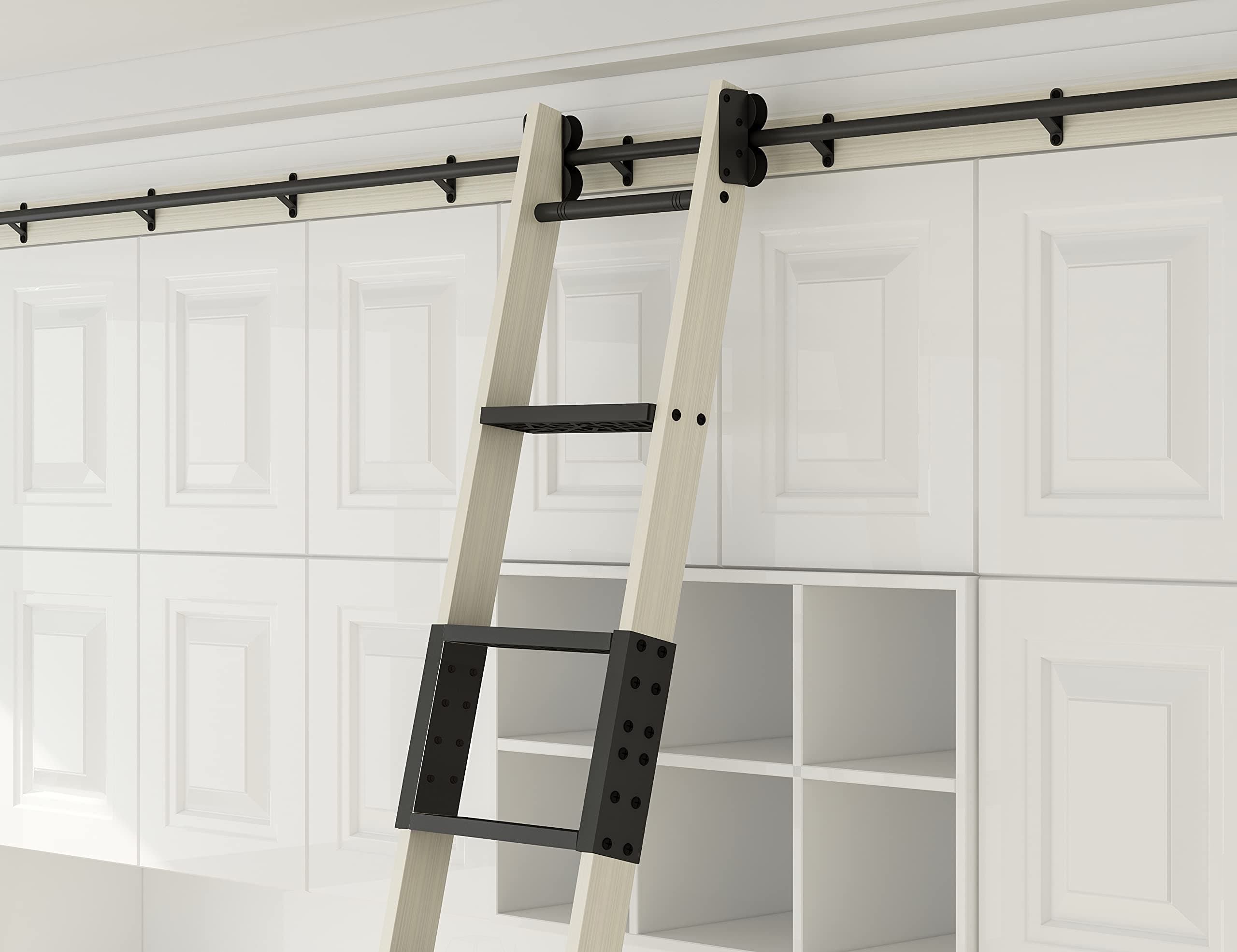 DIYHD 120" Unfinished Pine Wood Sliding Library Ladder with Metal Step Rolling Ladder