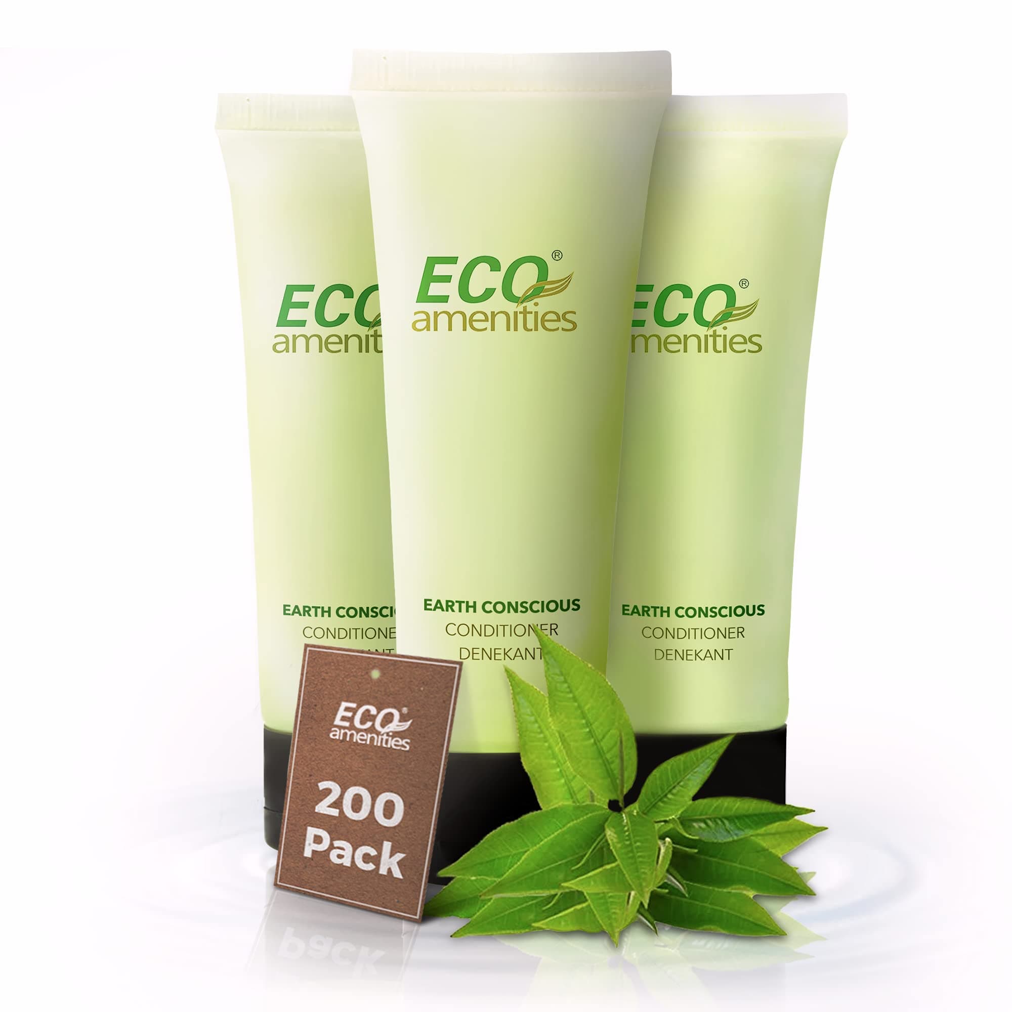ECO AMENITIES Travel Size Conditioner - 200 PACK, 30mL, 1 oz Hotel Conditioner Bulk Supplies for Guests - Green Tea Scent Eco Conditioner, Mini Conditioner with Flip Cap, Clear Container