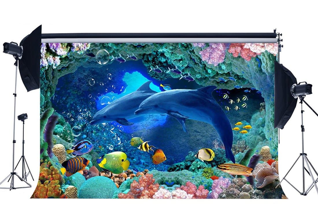 Haosphoto Vinyl 5X3FT 3D Underwater World Backdrop Aquarium Backdrops Fish Coral Dolphin Tropical Photography Background for Kids Baby Summer Journey Ocean Sailing Portrait Photo Studio Props YX513