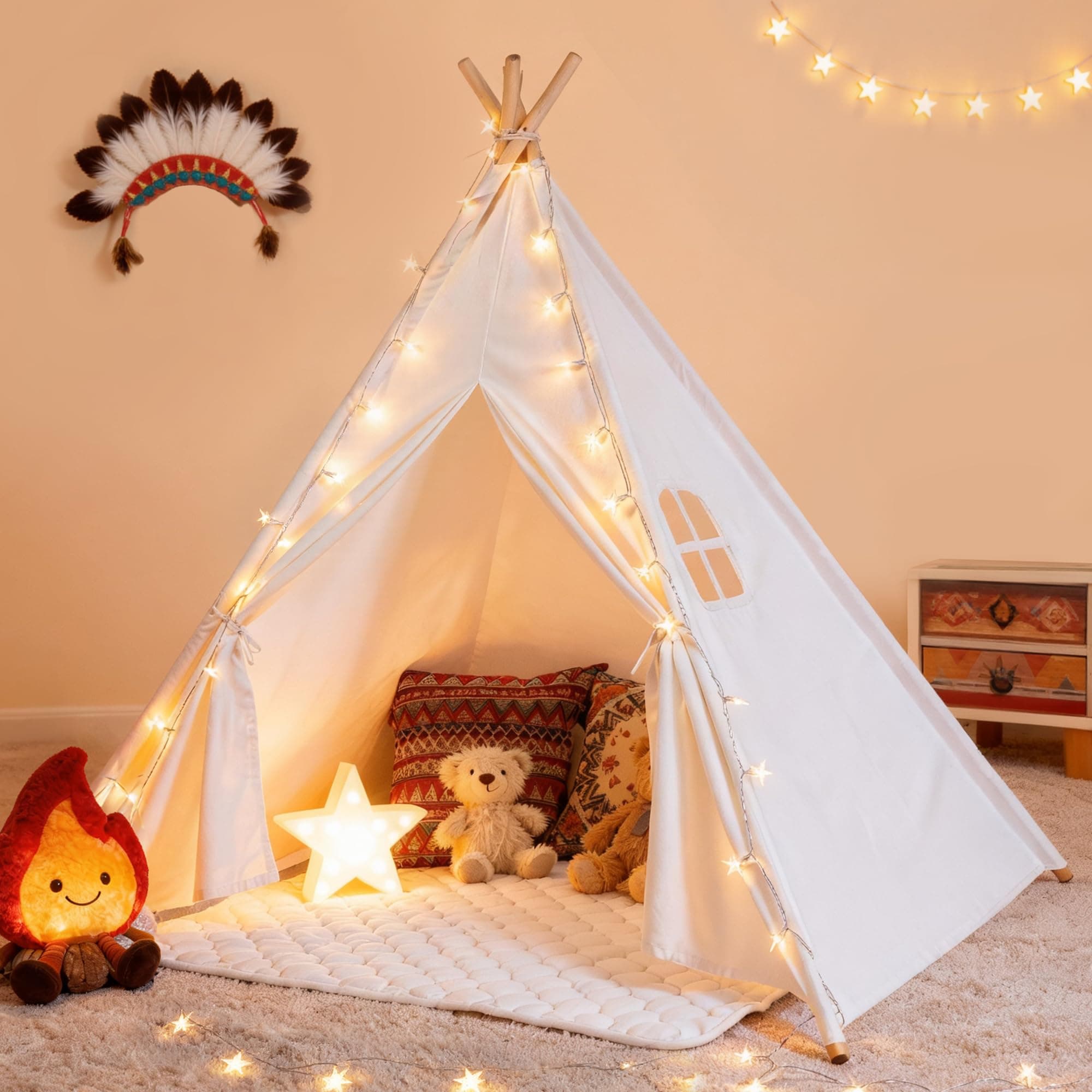 Sumbababy Teepee Tent for Kids, Play Tent for Girls & Boys, Gifts Playhouse for Indoor Outdoor Games, Toys House for Baby With Colored Flag, Feathers & Carry Case