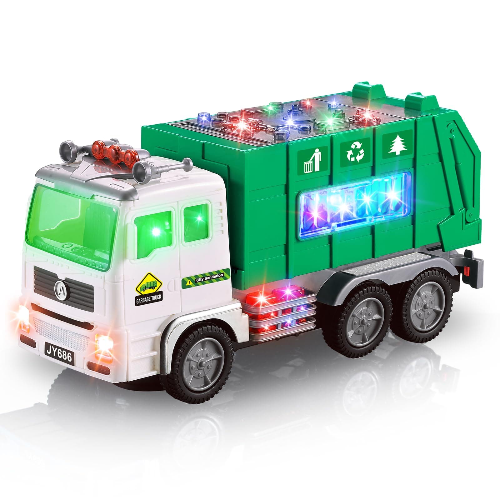 Toy Garbage Truck & Fire Truck & Construction Excavator Toys & Container Truck Toy Cars for Toddlers Boys 1-3 4-7 Birthday Gifts, Truck Car Toys with 4D Lights & Music- Automatic Bump Go Garbage Truck