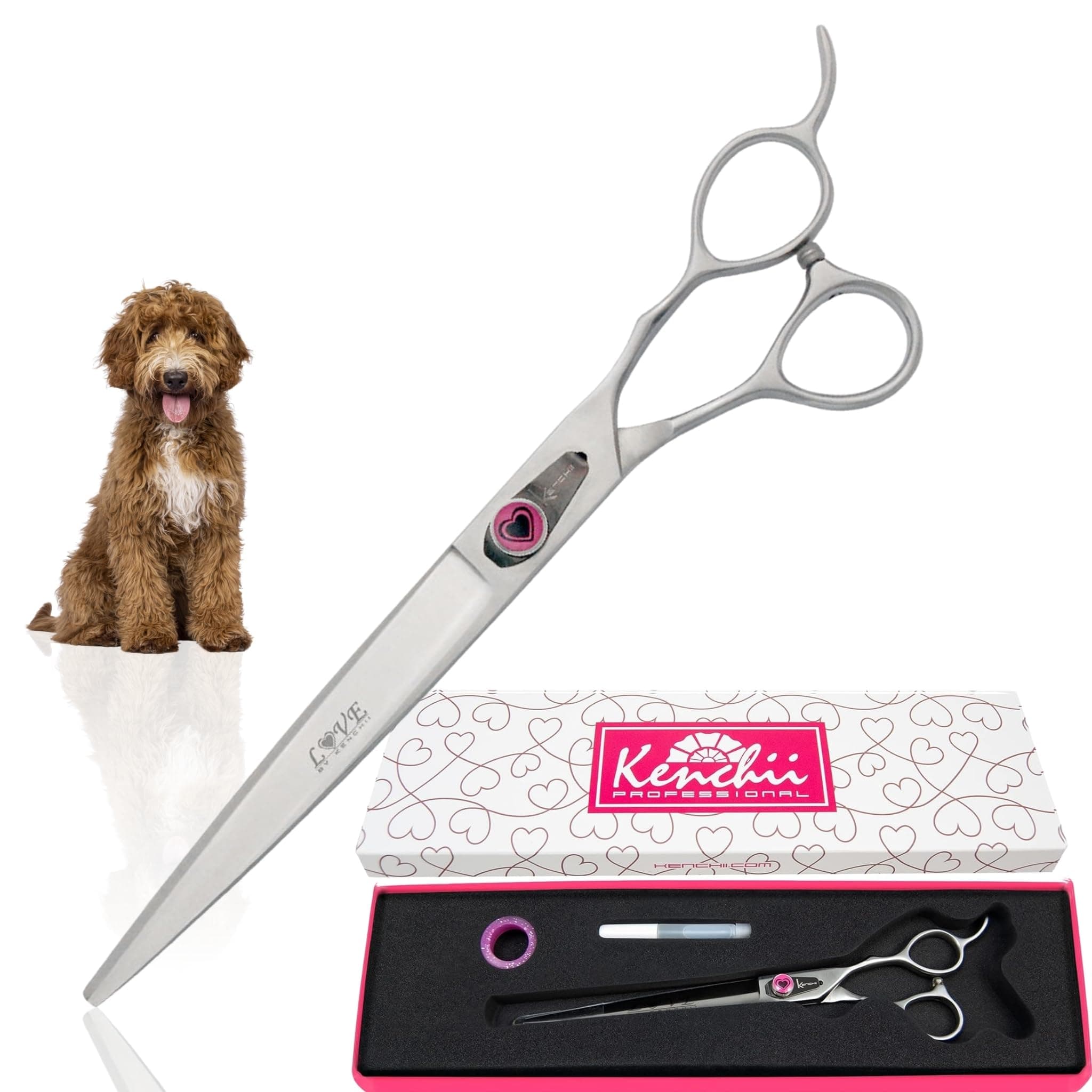 Kenchii Love Dog Grooming Scissors, 8 Inch Straight Shears, Dog Scissors for Grooming, Professional Pet Grooming Scissors, Heavy Duty, Durable and Sharp