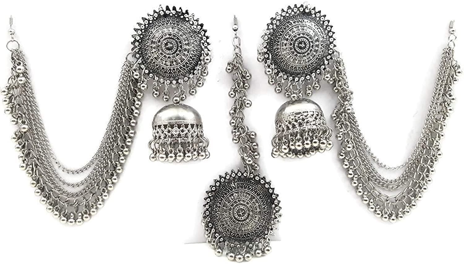 C&G INDIA Fashion Silver Jhumka Earrings And Maang Tikka Set For Girls And Women