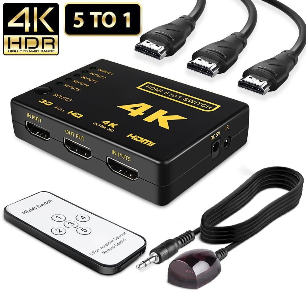 HDMI Switch splitter,Intelligent 5-Ports HDMI Switcher Splitter, Supports 4K, Full HD1080p, 3D with IR Remote
