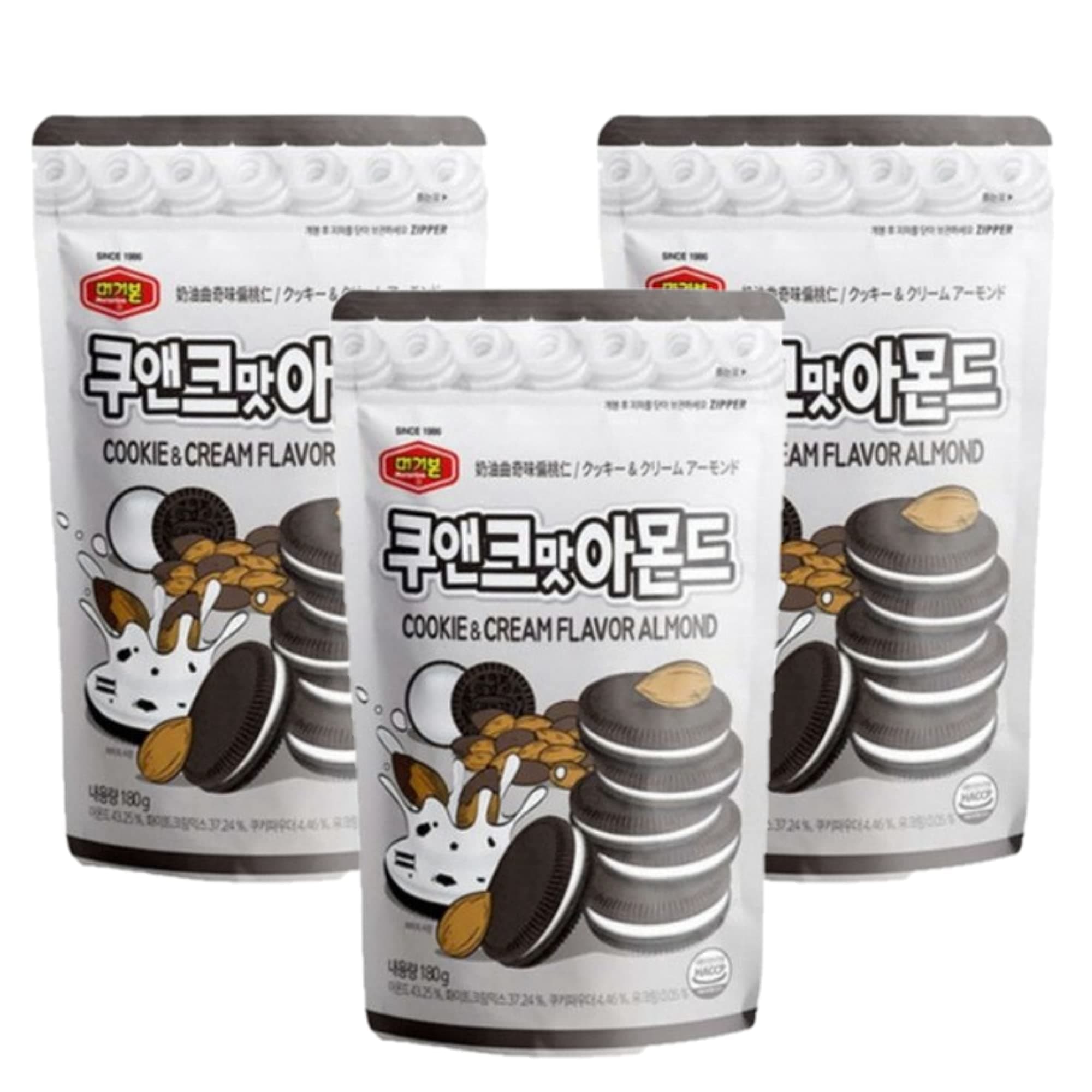 MURGERBON Almond Snack Box - Strawberry Tiramisu Yogurt Wasabi Spicy Honey Butter Cookie & Cream (180g~200g/Pack) (COOKIE AND CREAM, 3 Packs)