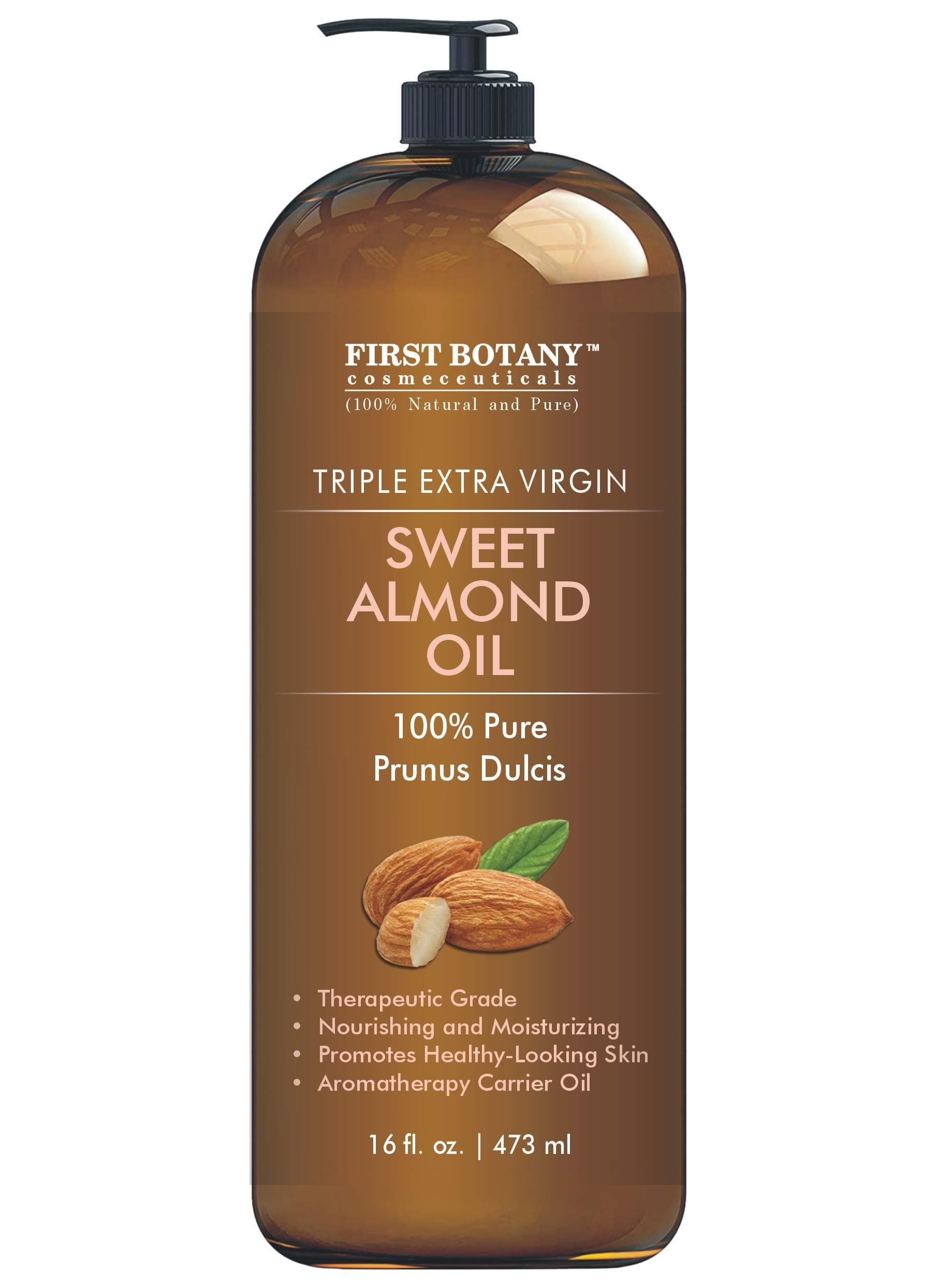 First Botany Sweet Almond Oil, Triple AAA+ Grade Quality, For Hair, For Skin and For Face, 100% Pure and Organic from Spain, Cold Pressed, 470ml