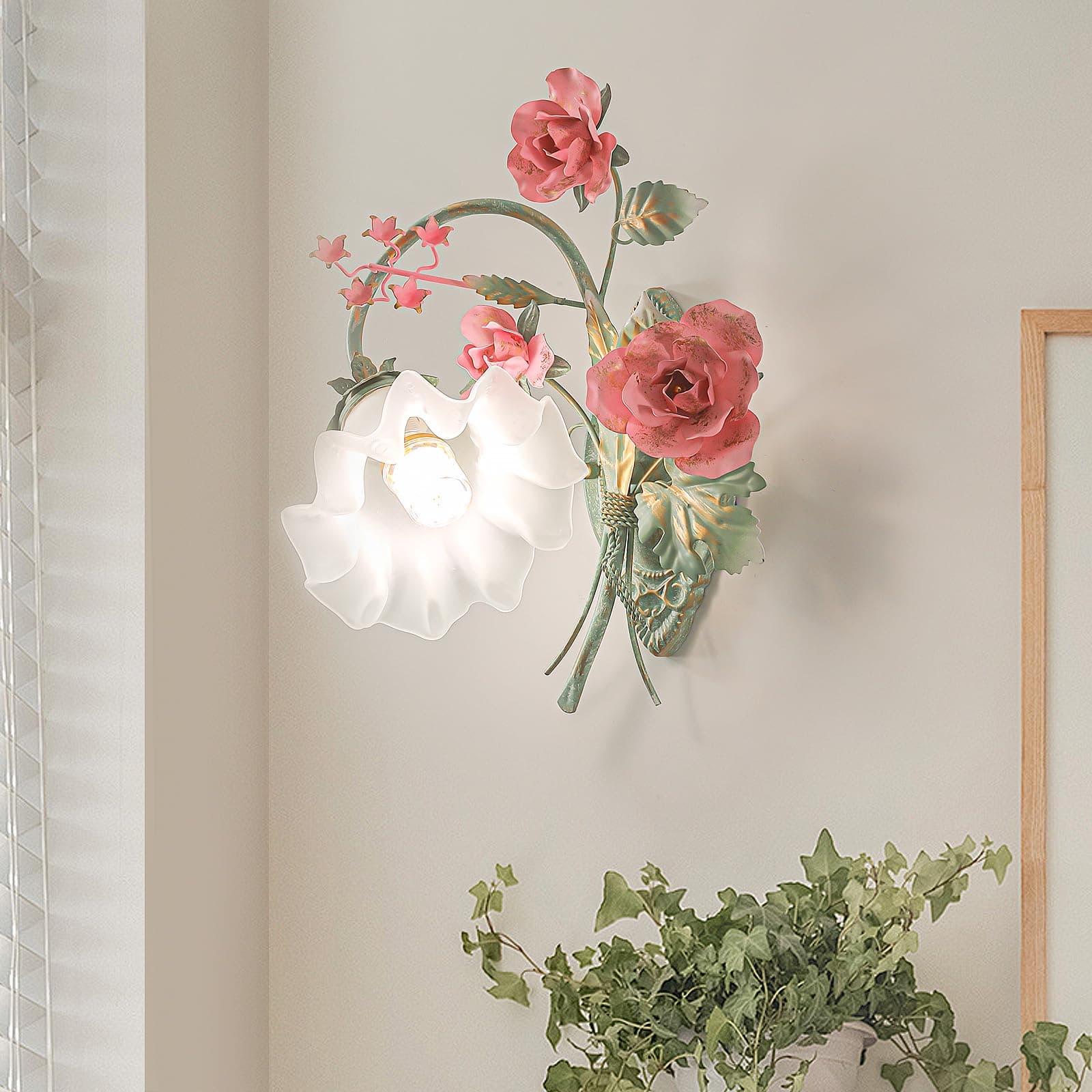 Vintage Floral Wall Sconce,Metal Wall Lamp with Glass Lampshade,Mounted Wall Lights for Bedroom Living Room Corridor Vanity Hallway E26 Wall Art Scones 40 * 40Cm Right