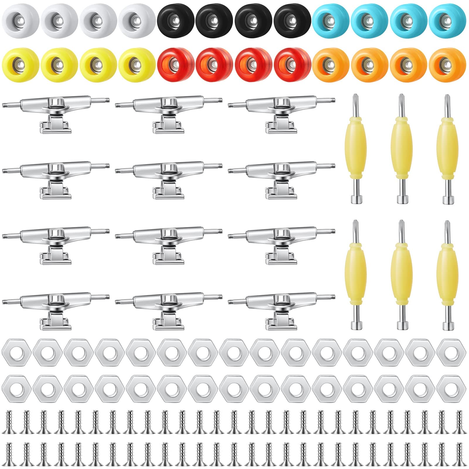 Jexine6 Sets DIY Fingerboard Kit Fingerboard Accessories Mini Finger Skateboard Parts Include 12 Brackets 54 Screws 30 Nuts 6 Screwdriver 24 Fingerboard Wheels Tool for 96mm (Colorful)