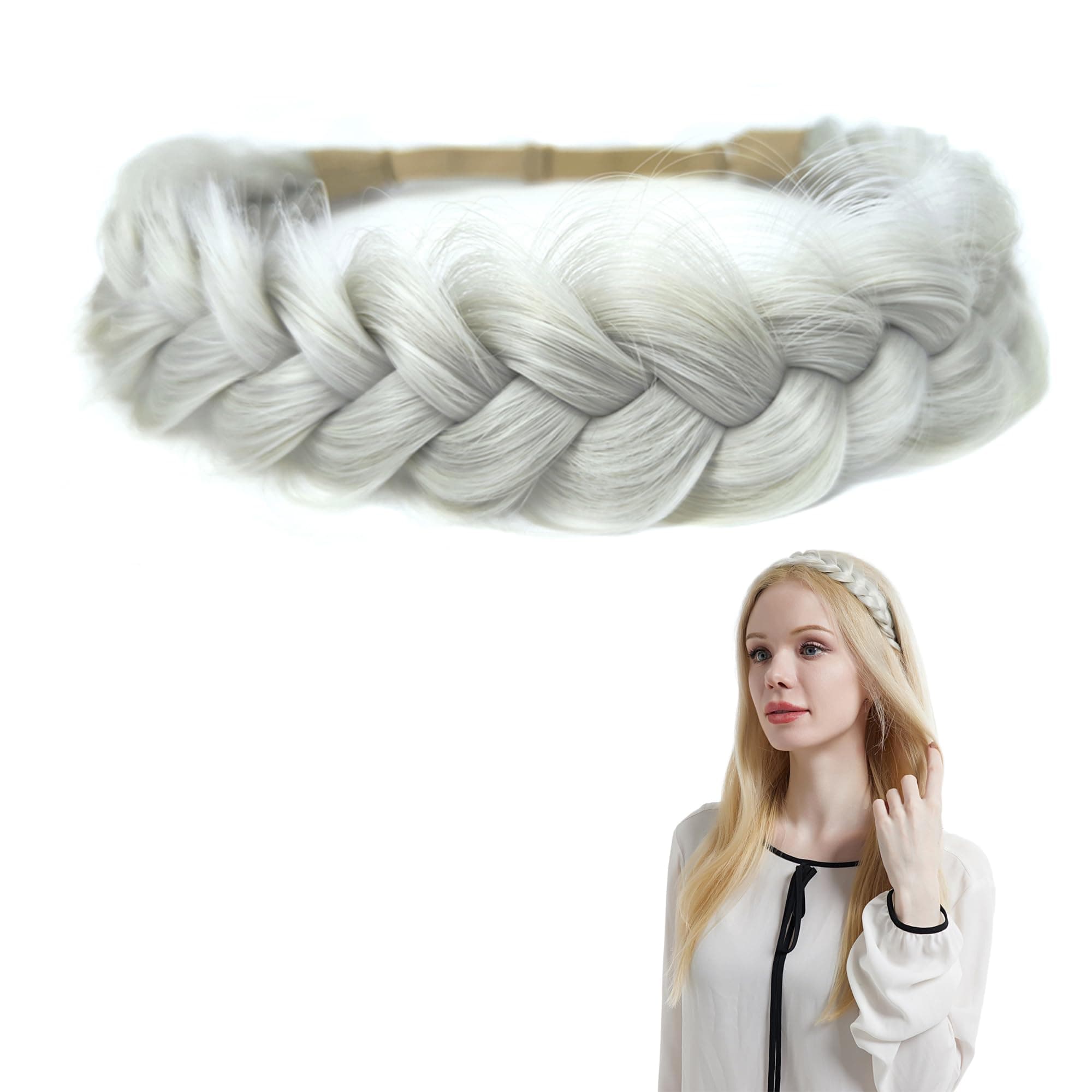 Braid Headband 2 Strands Messy Classic Chunky Plaited Wide Braids Elastic Stretch Quality Synthetic Braided Headband Women Girl Bohemian Hair Braid 65g (White Grey)