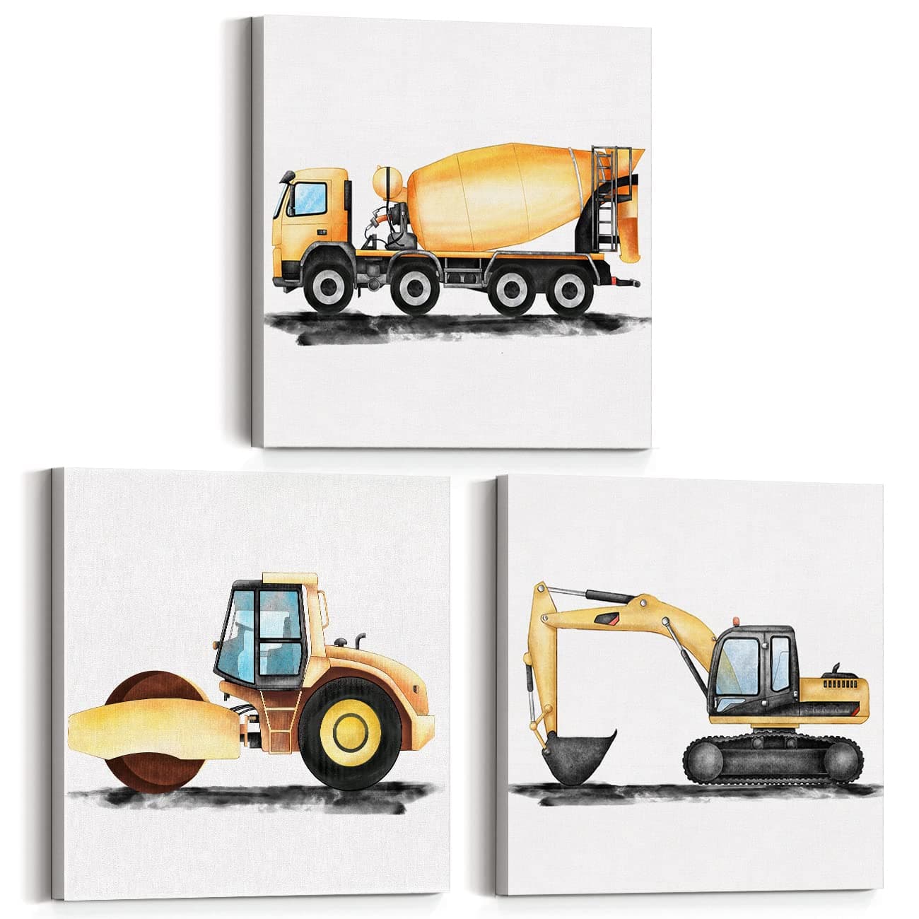 Yuzi-n Set of 3 Construction Nursery Vehicle Art Posters Canvas Wall Art & Tabletop Decoration Home Boys Bedroom Decor, Digger Dump Truck Tractor Canvas Prints Easel & Hanging Hook 12x12 Inch