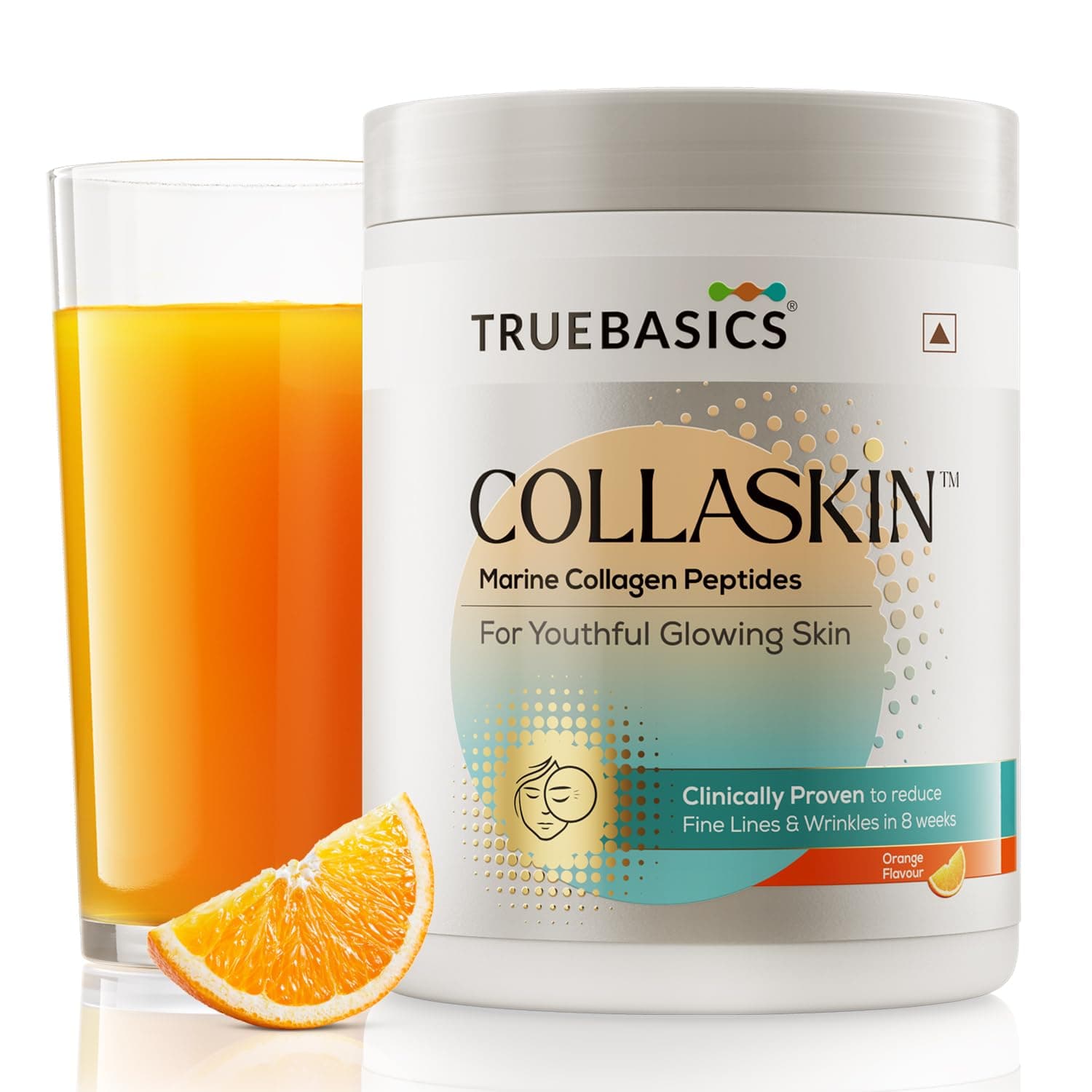 TrueBasics CollaSkin, Marine Collagen Peptides (Orange, 200g) | With Vitamin C, E & Hyaluronic Acid | For Youthful Glowing Skin, Healthy Hair & Nails