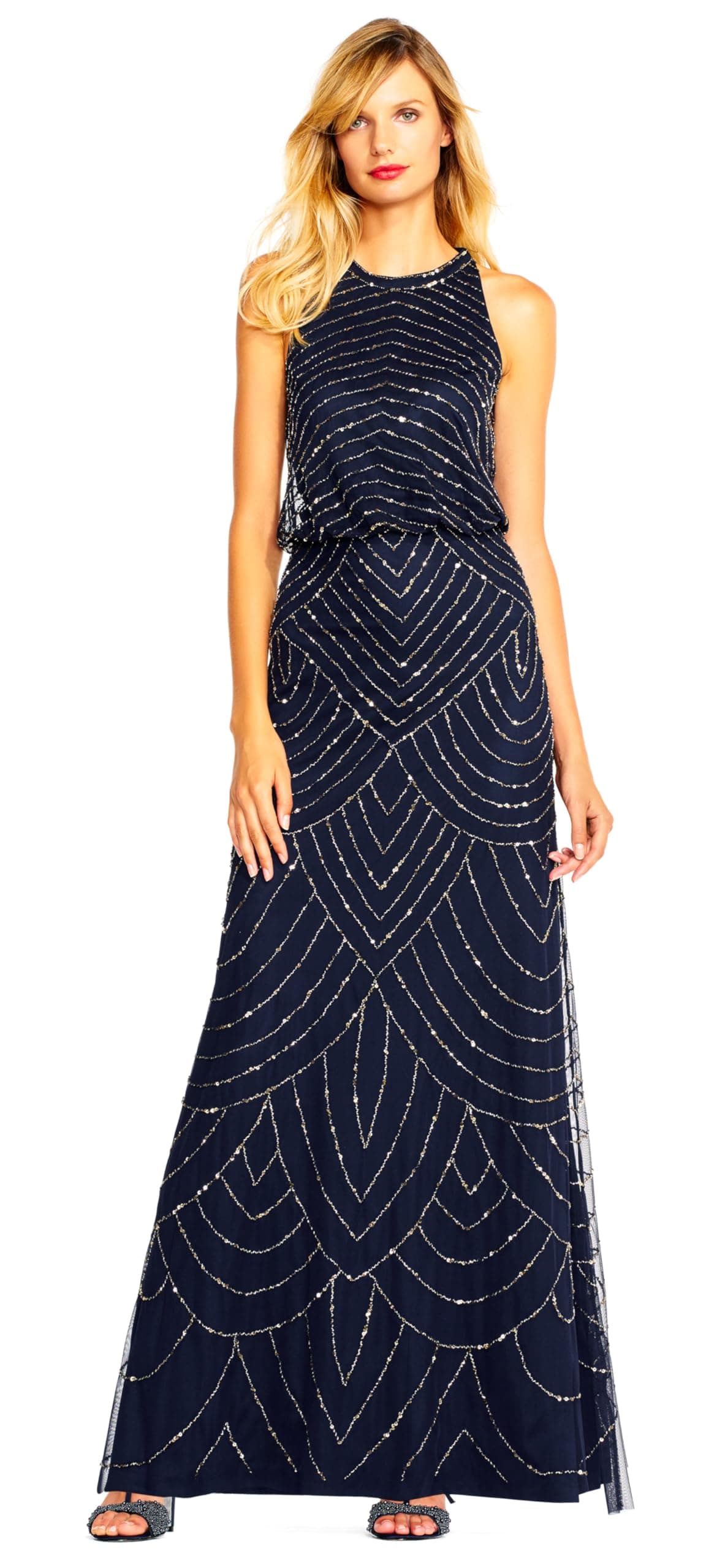 Womens Halter Blouson Beaded Gown