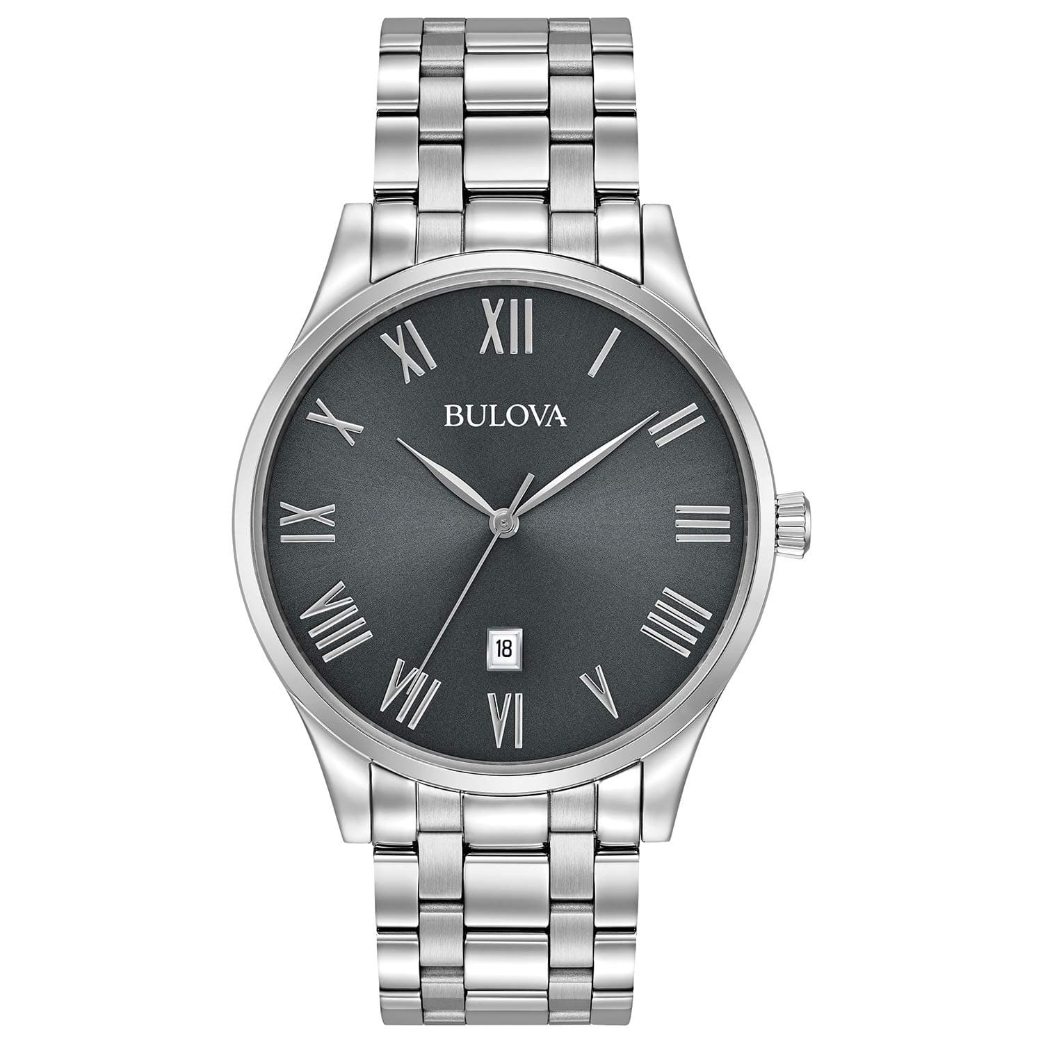 Men's Classic Stainless Steel 3-Hand Date Calendar Quartz Watch, Grey Dial with Roman Numeral Markers Style: 96B261, Stainless Steel, Classic Sutton Quartz Silver-Tone Stainless Steel Bracelet