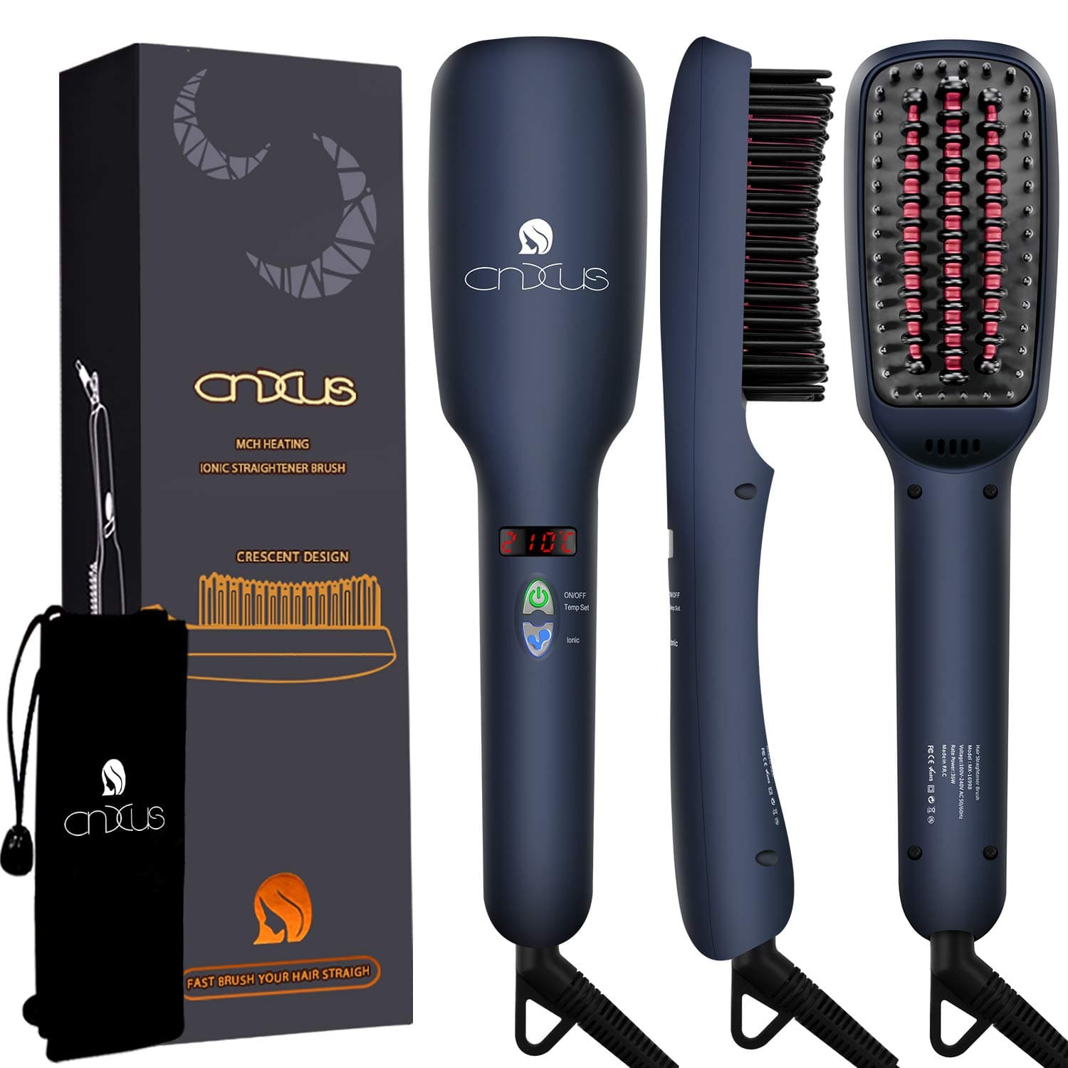 Ionic Hair Straightener Brush, CNXUS MCH Ceramic Heating + LED Display + Adjustable Temperatures + Anti Scald Hair Straightening Brush, Portable Frizz-Free Hair Care Silky Straight Heated Comb