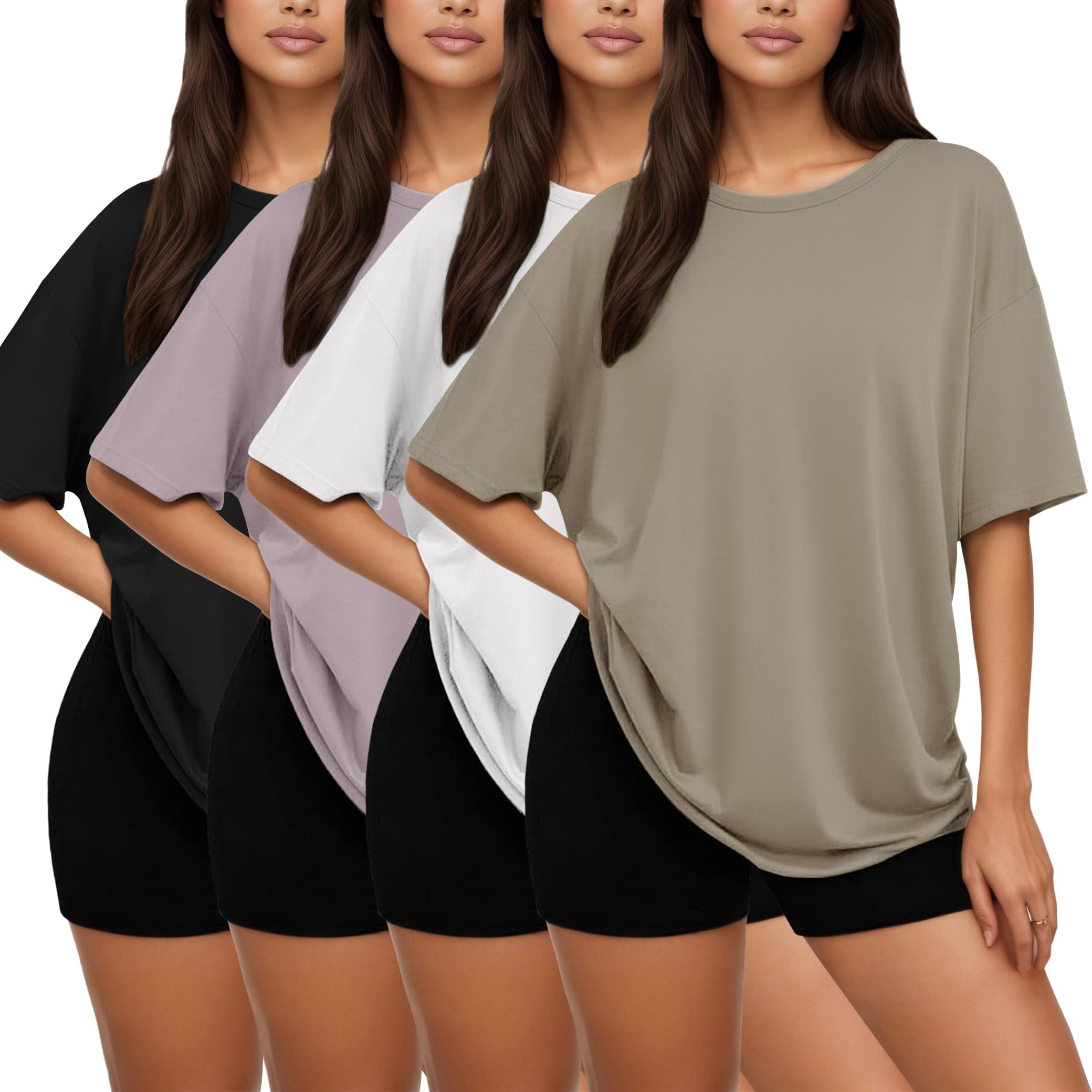 4 Pack Oversized Tshirts for Women, Loose Fit Crew Neck Summer Baggy Tops Workout Tees Plus Size T Shirts