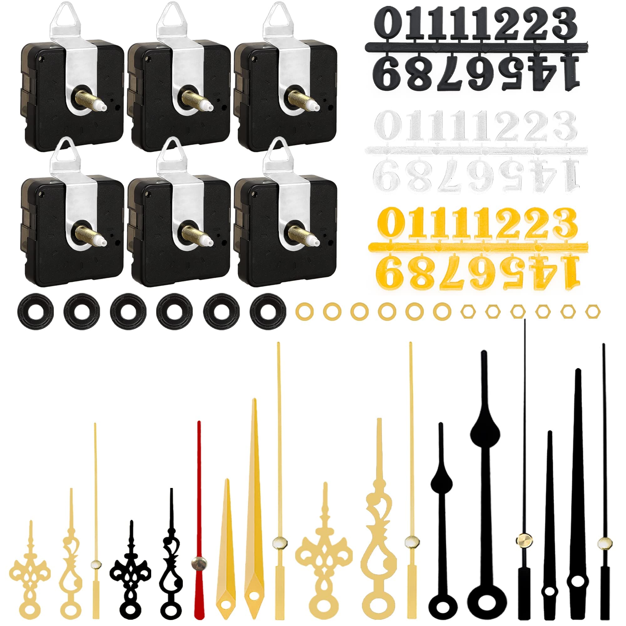 6pcs High Torque Quartz Clock Movement Mechanism Replacement Clock Numerals Kit with 6 Different Pairs of Hands Clock for DIY Wall Clock Handicrafts Repair Clock Parts 21.5mm