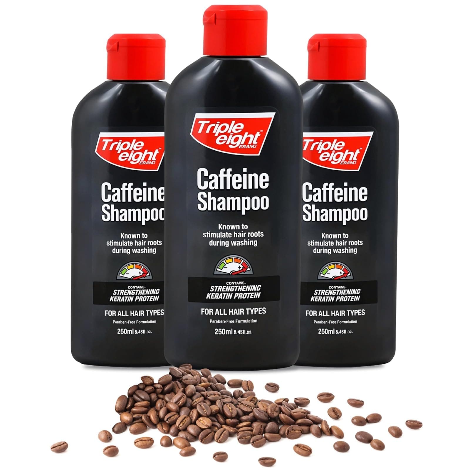 Triple Eight Caffeine Shampoo for All Hair Types | Stimulating Hair Root Formula, Promotes Hair Growth & Strength | 250ml, 3 Pack, Revitalizing Shampoo for Thinning Hair