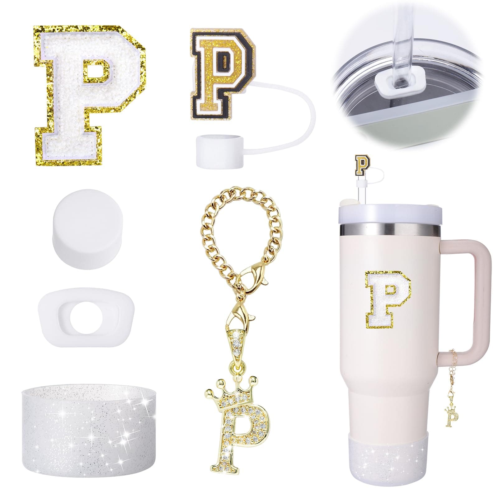 Mity Rain Cup Accessories Set for Stanley Tumbler (30/40 oz), with Handle, Straw Cover, Charm, Silicone Boot, Spill-Proof Stopper, Letter P