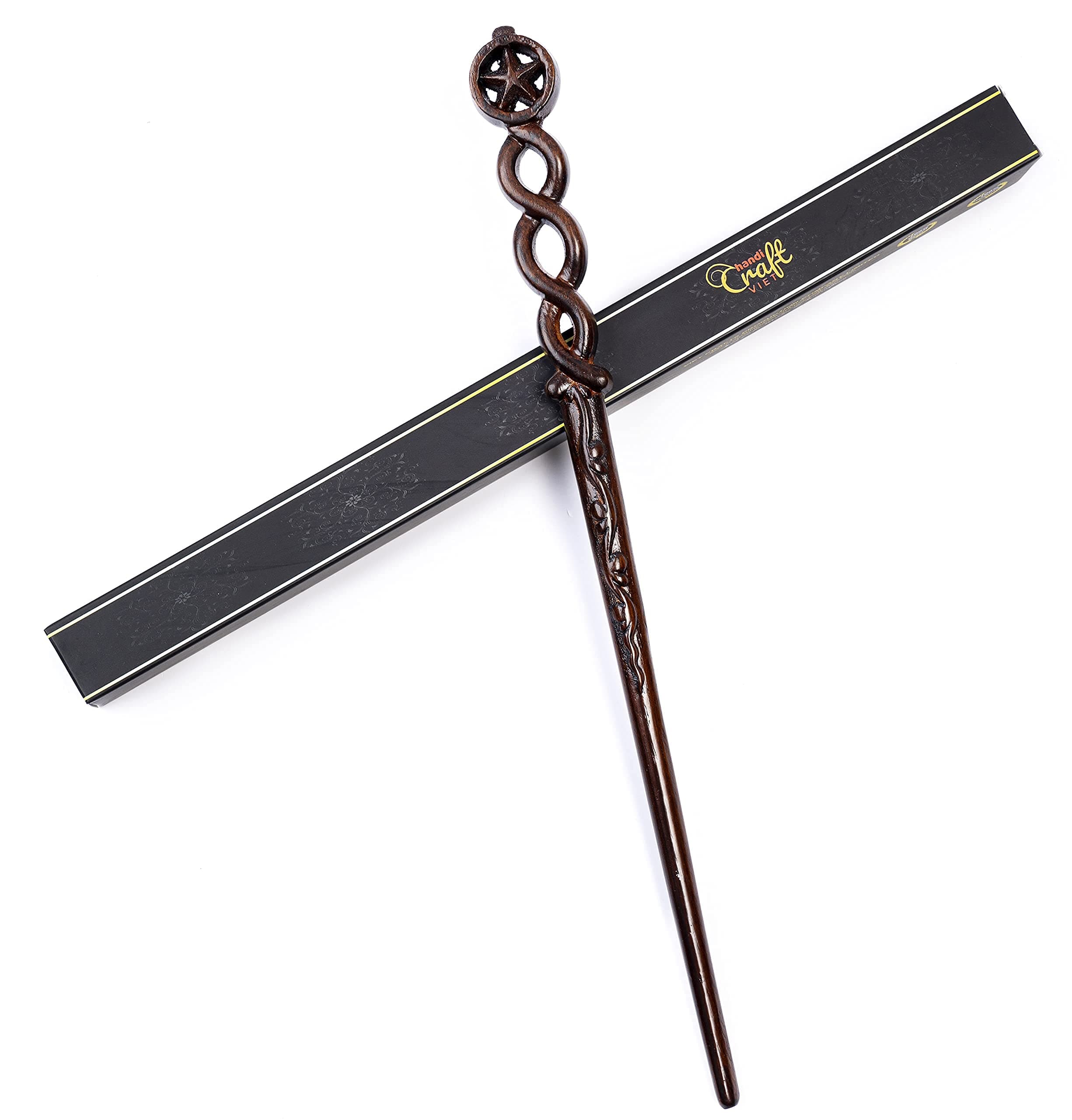Handicraftviet Hand Carved Wood Magic Wand/Witch Wand Real Wood/Wizard Wands 15' for Halloween, Christmas and Birthday Party/Wooden Wand Star (S5)