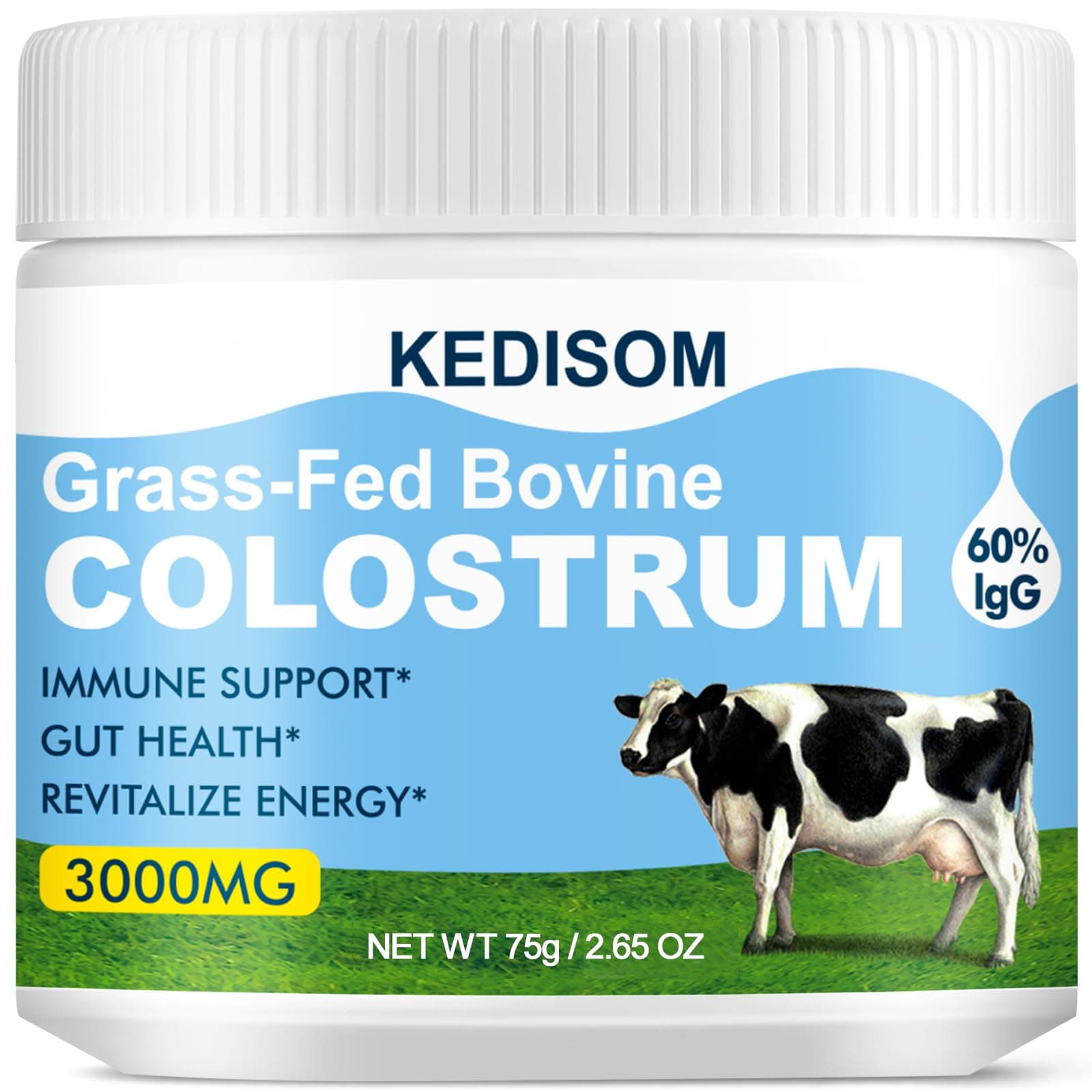 Bovine Colostrum for Humans, 60% High-IgG Colostrum Powder, 3000 mg Grass Fed Colostrum Bovine Powder for Gut Health & Immune Support - Easy to Mix Liposomal Colostrum Supplement, 25 Servings