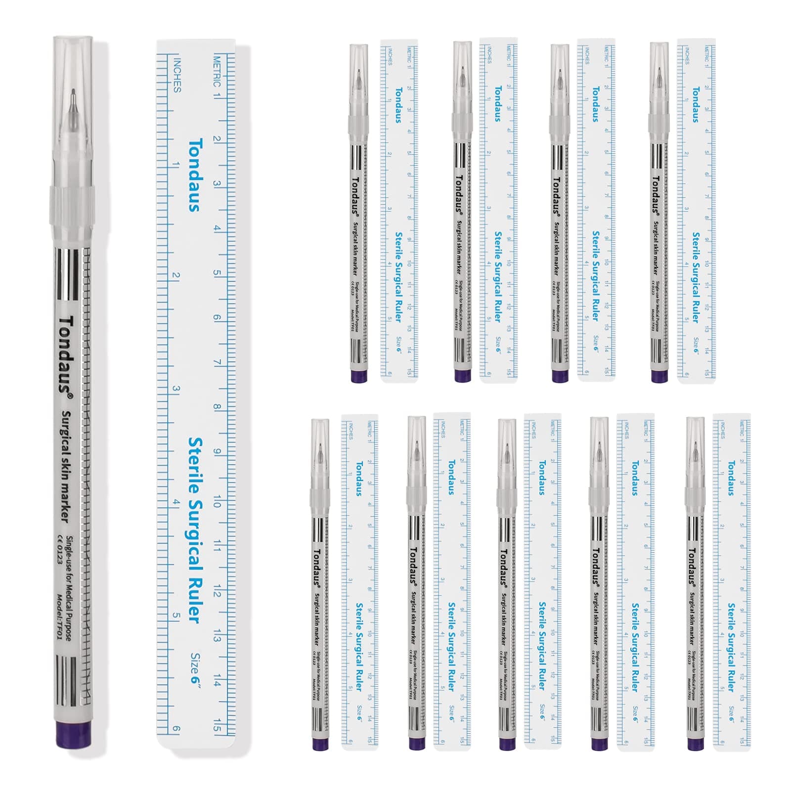 JimKing 10 Pcs Tattoo Markers, Microblading Surgical Marker with Paper Ruler, Waterproof Disposable Tattoo Marker for Skin, Eyebrow, Head 0.5mm, Blue