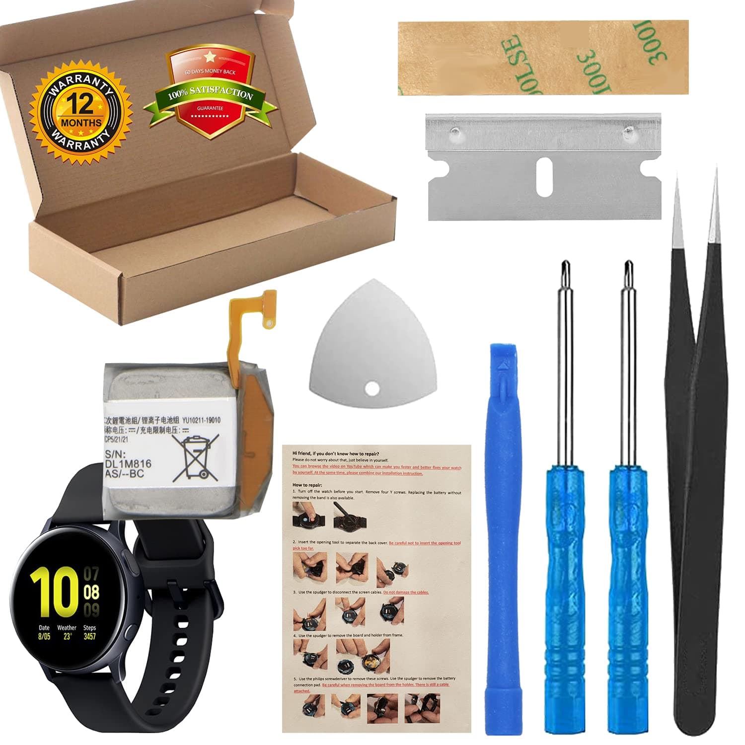 EB-BR830ABY Battery for 40mm Samsung Galaxy Watch Active 2 Battery Replacement with Repair Tool Kit + Installation Instruction