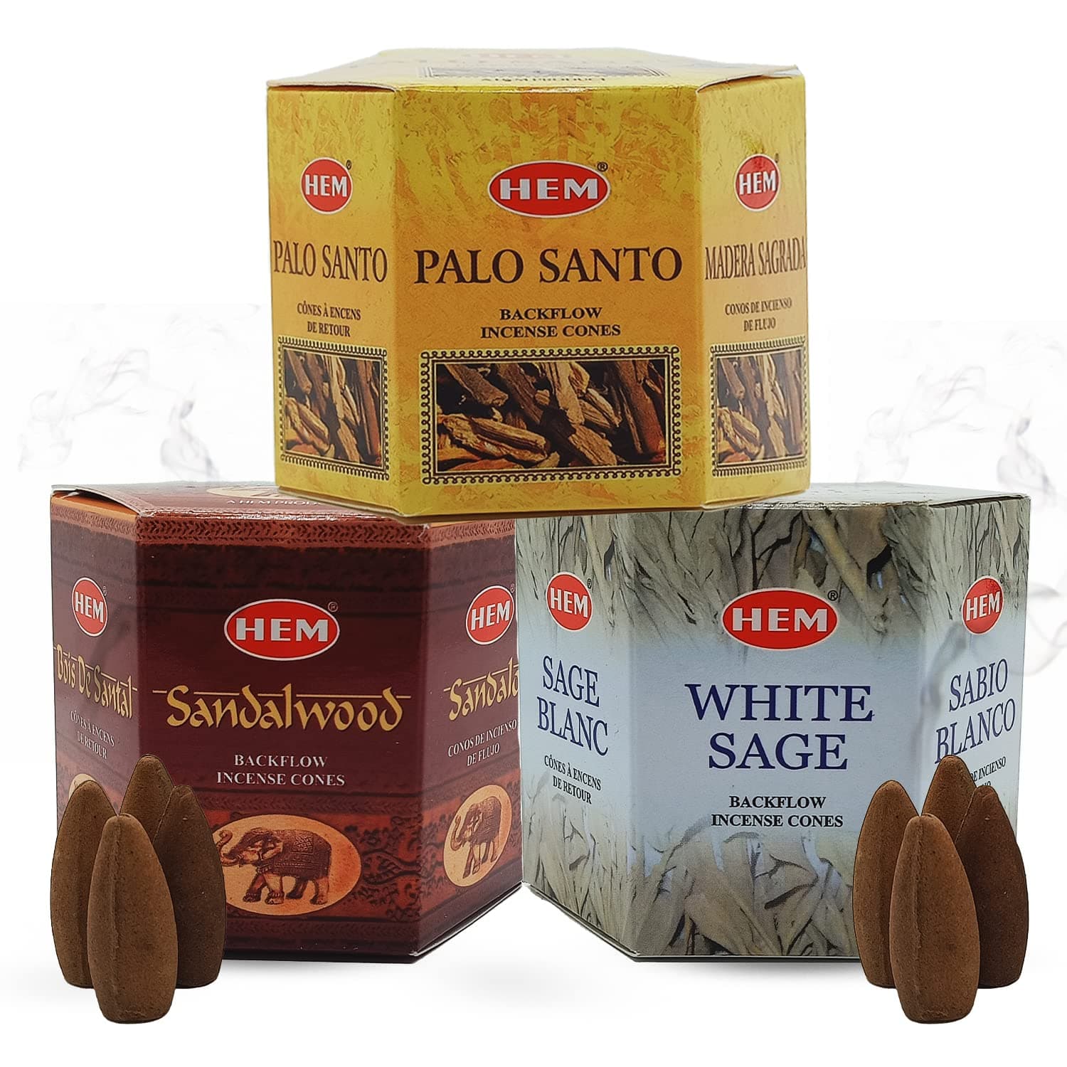 Hem Backflow Incense Cones for Waterfall (3 Types, 120 Cones) - Palo Santo, White Sage & Sandalwood | Strong Heavenly Scent With Thick White Fountain