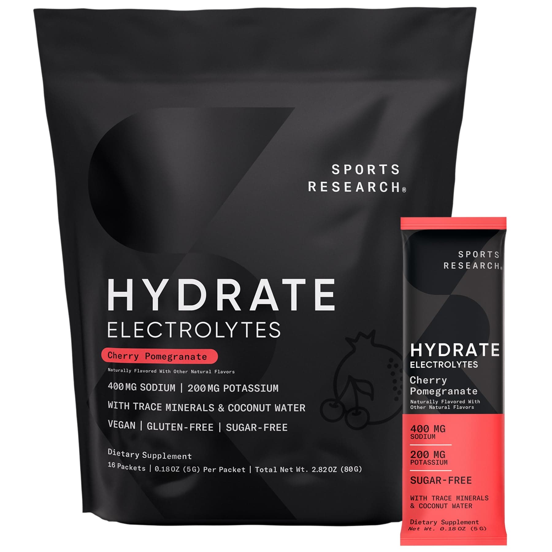 Hydrate Electrolytes Powder Packets - Sugar-Free & Naturally Flavored with Vitamins, Minerals, and Coconut Water - Supports Hydration - 16 Packets - Cherry Pomegranate