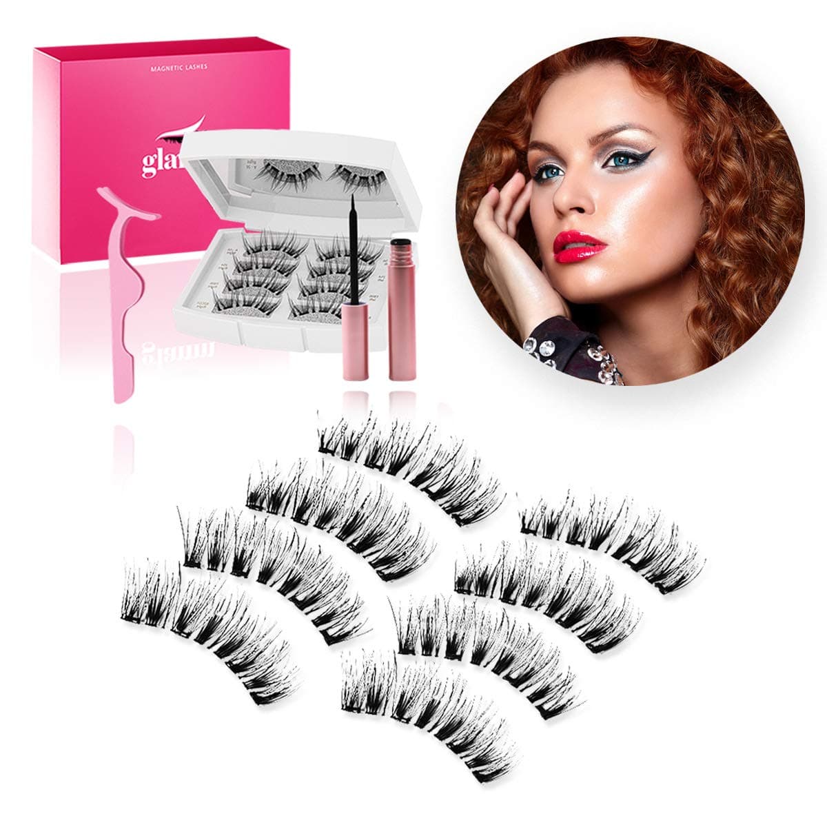 Glamm Magnetic Eyelashes w/Eyeliner 4 Pairs Reusable, 3D, Waterproof, No Glue, Thick, Long, Natural Look Extension Kit w/Tweezers - False Fake Full Eye Lashes Magnet Set for Women, Makeup, Mascara