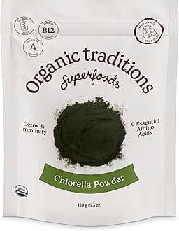 Organic Traditions Chlorella Powder, Broken Cell Wall Algae with Plant Based Protein, Essential Amino Acids, Chlorophyll & Nutrients, Eenergy Drink, Non GMO Superfood for Daily Blends, 150g/5.3oz Bag