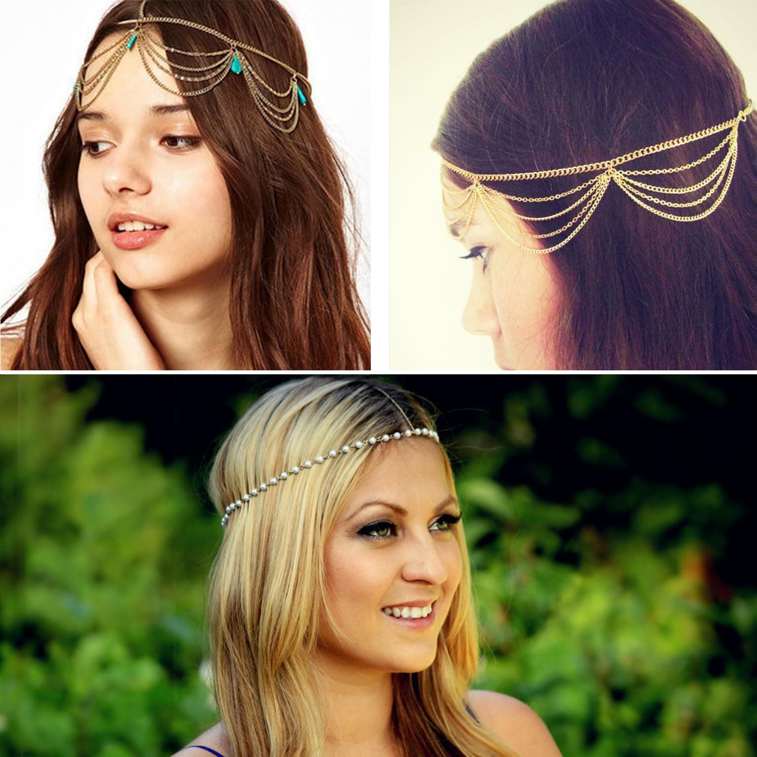 MineSign Headbands Jewelry Head Chain Boho Hair accessories Turquoise Pearl Headpiece for Women Girls 3 Pack
