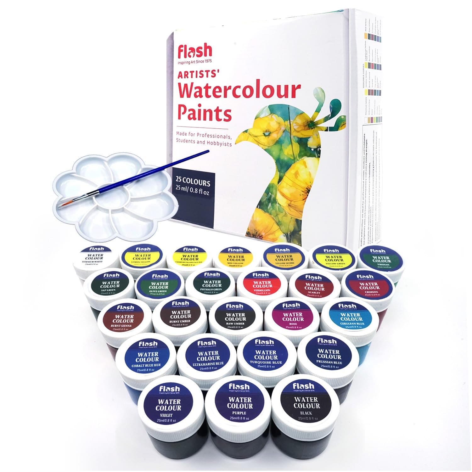Water Colours Combo Pack with Brush & Pallett For Painting-Painting Kit for Kids Artists Professionals Hobby Painters-Matt Finish Rich Pigments Non Toxic Watercolor Set-25 ml each (Set of 25)