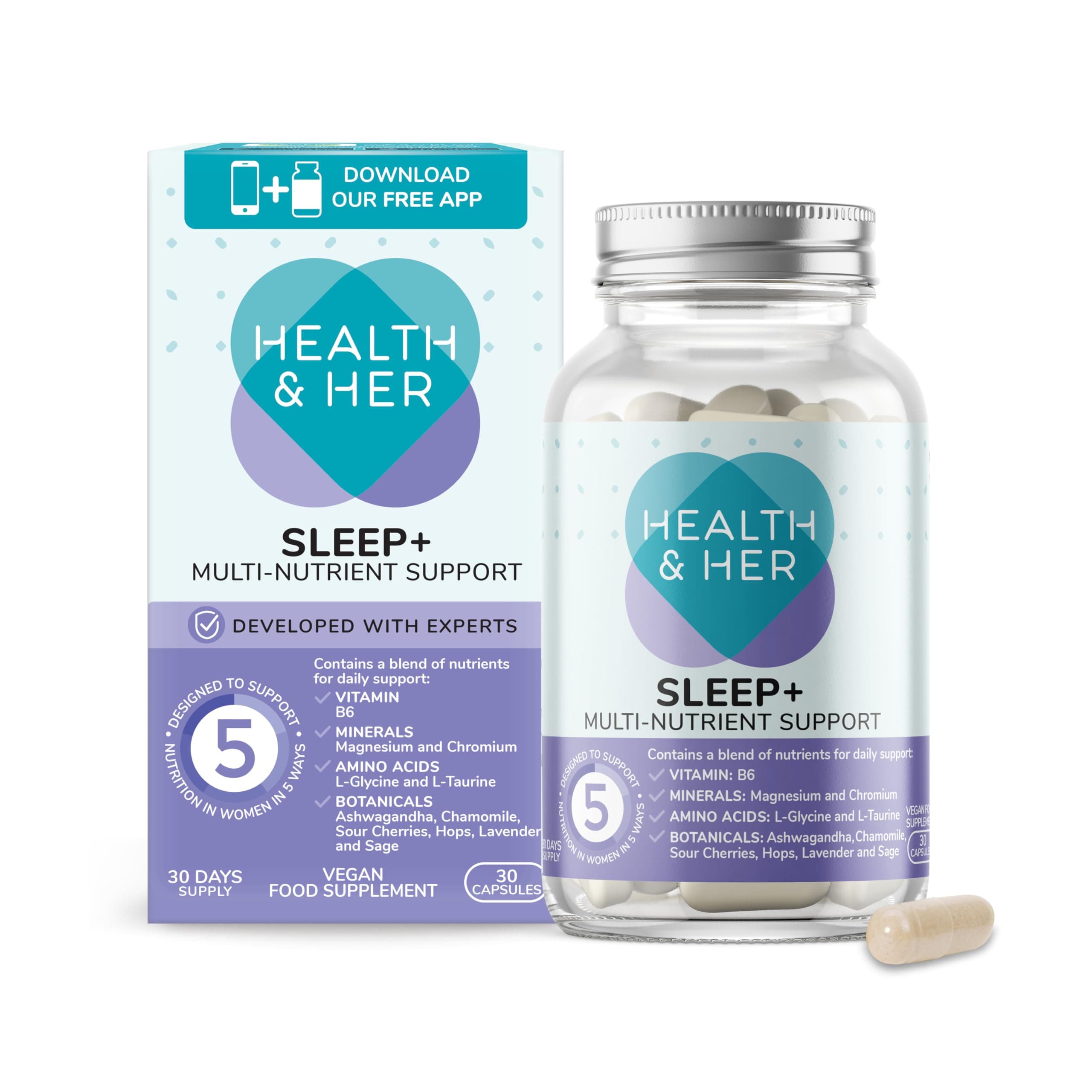 Health & Her Sleep+ Supplements for Women - 1 Month Supply, 30 Capsules - Women's Multivitamin with Lavender, Chamomile & Magnesium - Vegan, Gluten-Free